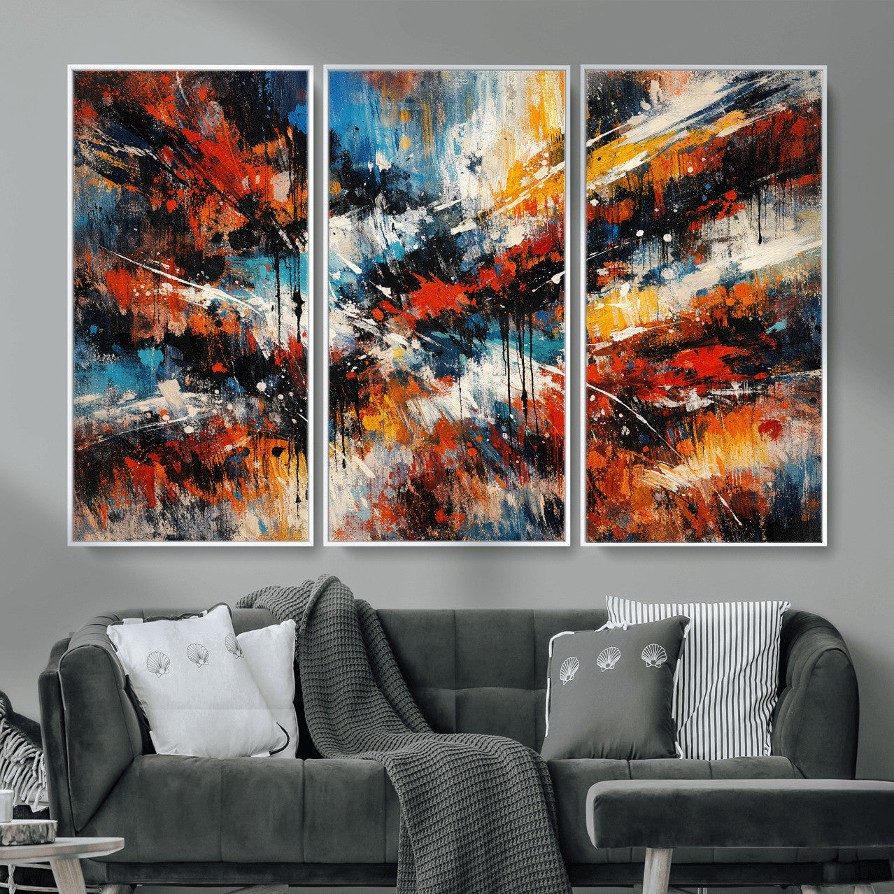 80276069-MGV-CV-36X24 - Geometric Abstract Wall Art Canvas Print, Orange Blue Abstract Expressionist Painting Print, Modern Geometric Abstract Canvas Art