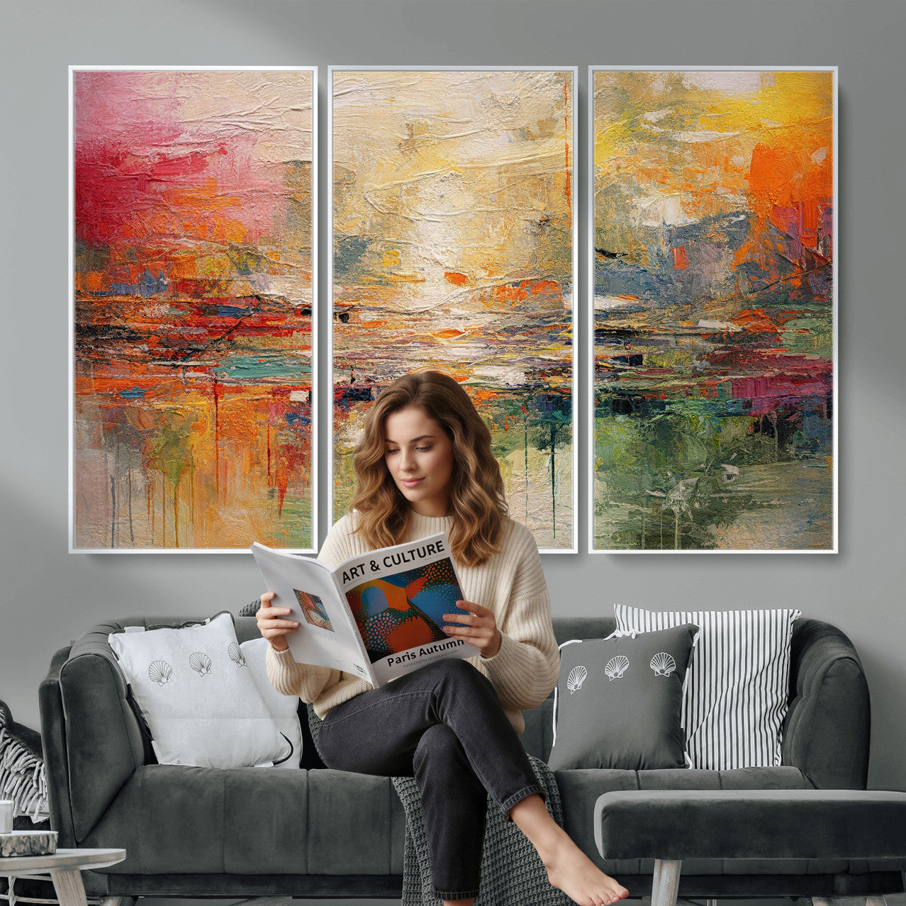 4712069P1-MGV-CV-36X24 - Colorful Abstract Canvas Wall Art — Large Textured Oil Painting Style Print | Orange Red Boho Wall Decor | Modern Living Room Art | Bold Wall Art