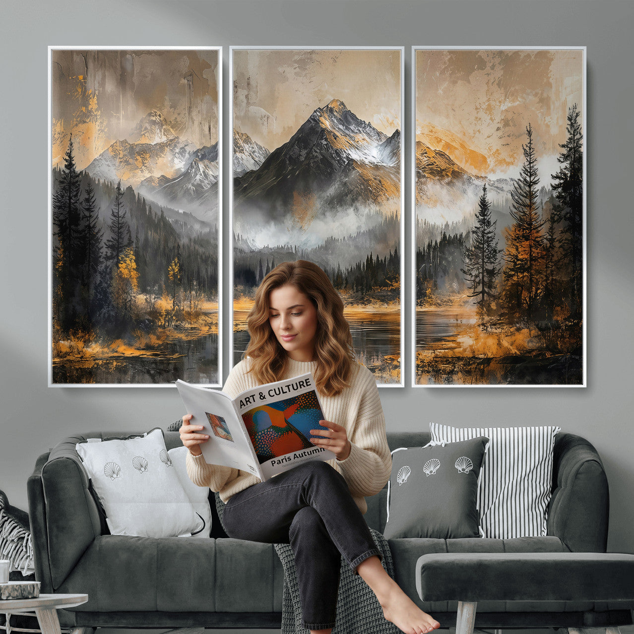 4712069D1-MGV-CV-36X24 - Mountain Lake Canvas Wall Art — Rustic Forest Landscape Print | Gold Grey Nature Decor | Cabin Wall Art | Large Wilderness Art Print Gift