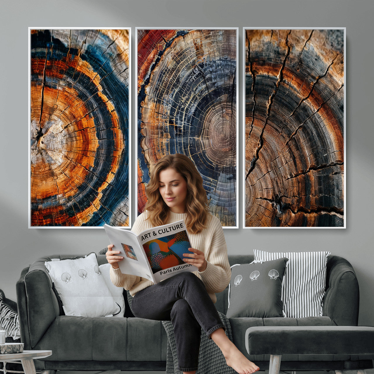 4712069W1-MGV-CV-48X32-3P - Tree Ring Triptych Canvas Wall Art — Set of 3 Wood Grain Print | Rustic Nature Decor | Earth Tone Wall Art | Unique Living Room Art Gift