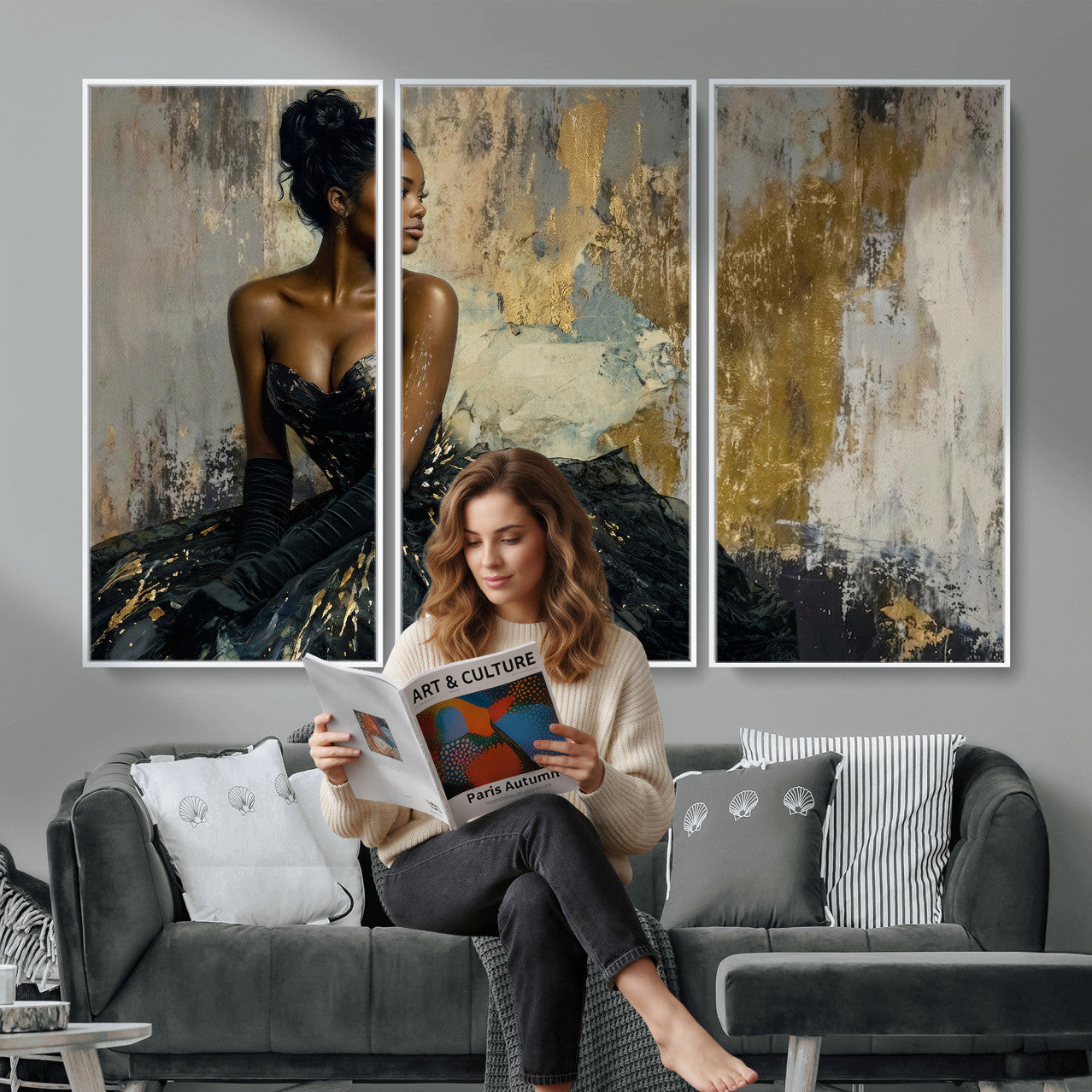 4712069Z1-MGV-CV-36X24 - Elegant Woman Canvas Wall Art — Black Gold Gown Fashion Print | Luxury Glam Wall Decor | African American Art | Bold Bedroom Wall Art Gift