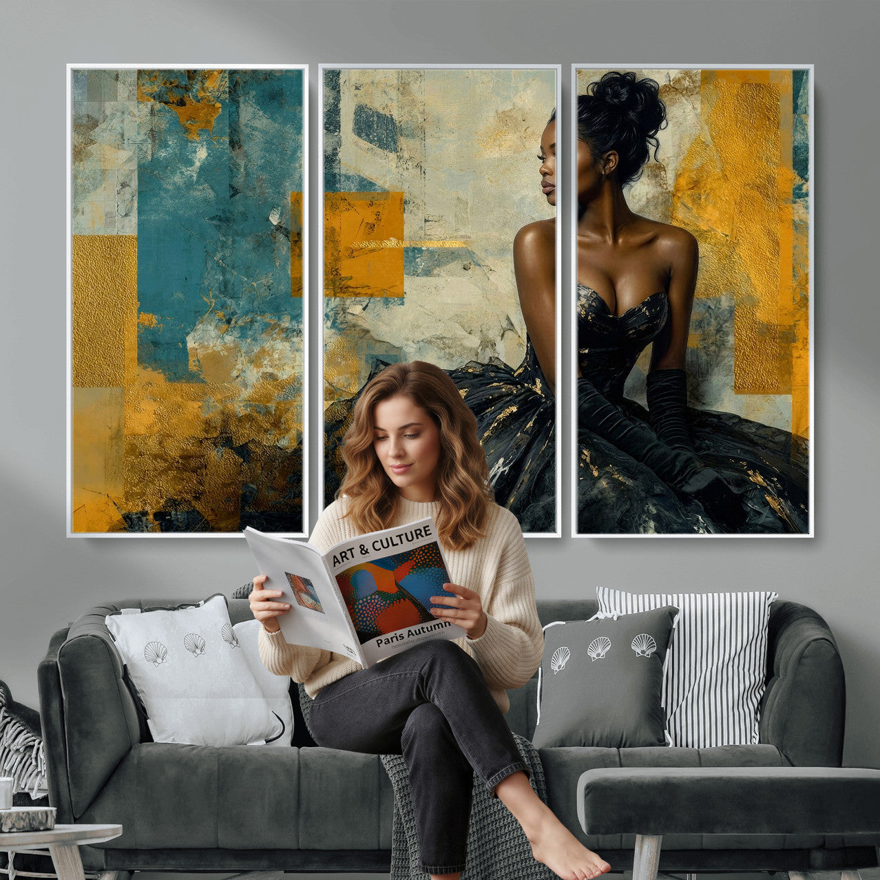4712069Z21-MGV-CV-36X24 - Elegant Woman Canvas Wall Art — Black Gold Gown Fashion Print | Luxury Glam Wall Decor | African American Art | Bold Bedroom Wall Art Gift