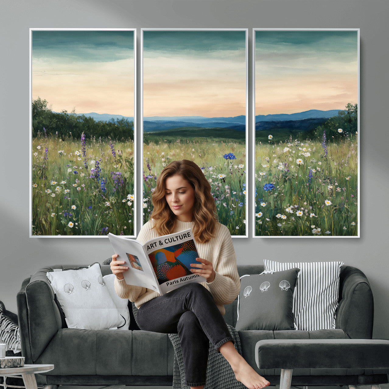 35773805-MGV-CV-36X24 - Wildflower Meadow Oil Painting Canvas Print - Daisy Lavender Mountain Sunset Print | Cottagecore Floral Wall Art - Bedroom Decor Gift for Her