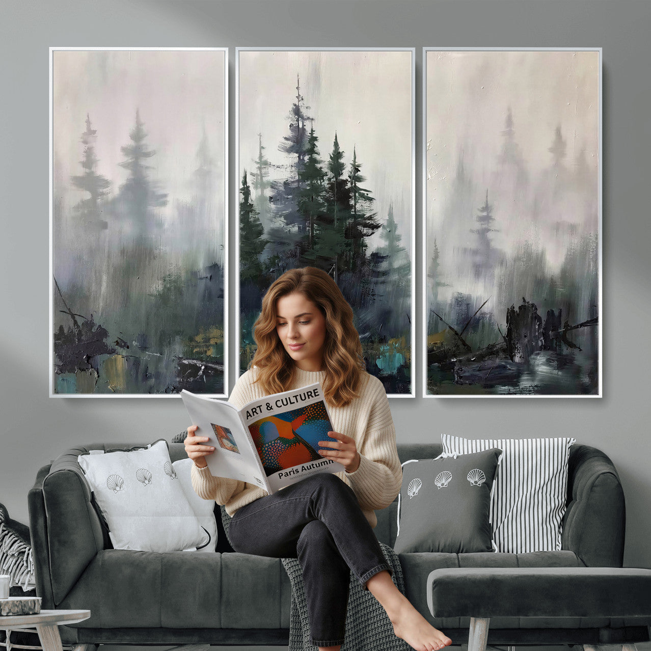 94143325-MGV-CV-36X24 - Misty Pine Forest Oil Painting Canvas — Dark Moody Teal Grey Tree Print | Japandi Scandinavian Wall Art | Minimalist Nature Decor Gift