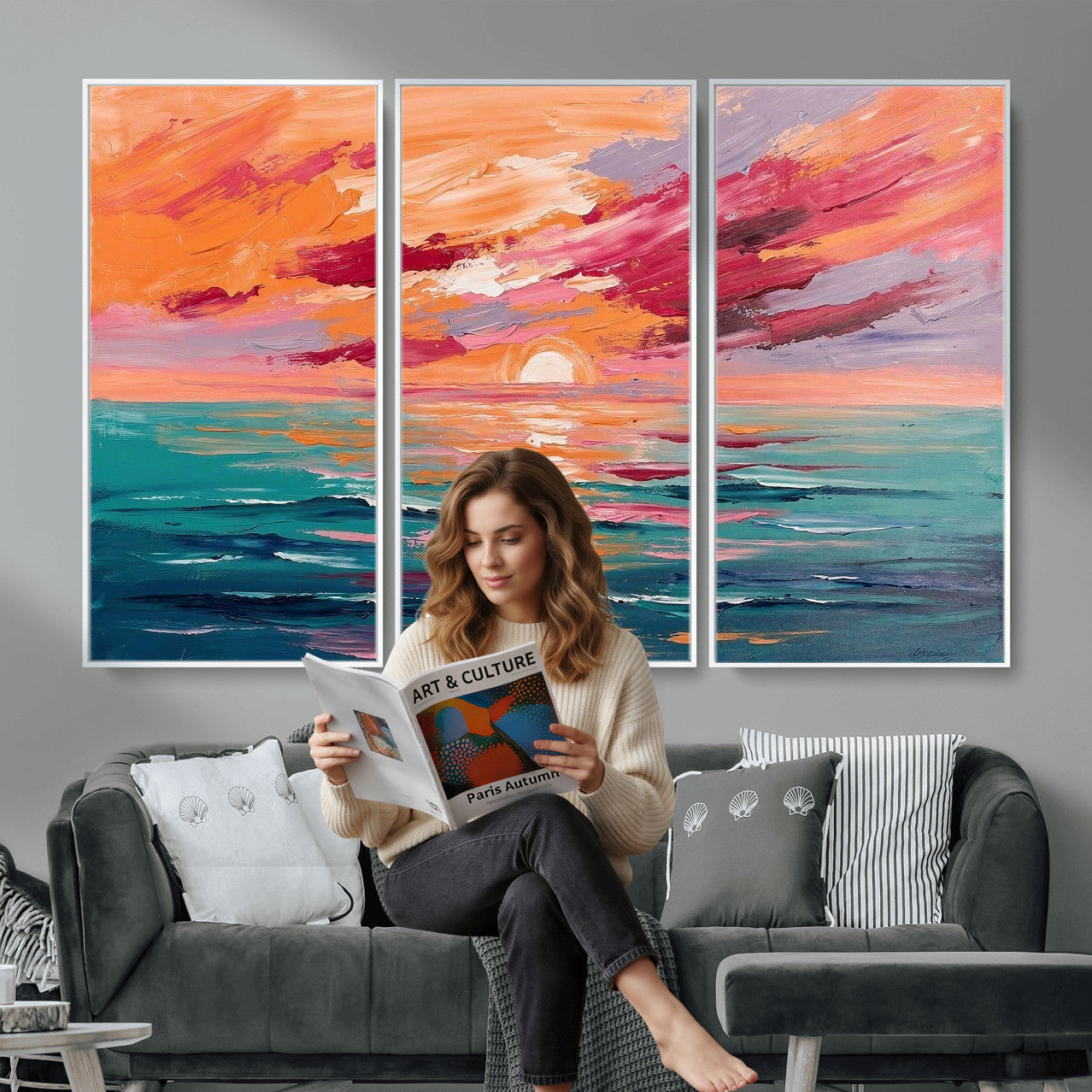 26763902-MGV-CV-36X24 - Bold Palette Knife Ocean Sunset Canvas — Orange Pink Teal Expressionist Sea Print | Colorful Coastal Wall Art | Vibrant Beach Decor Gift