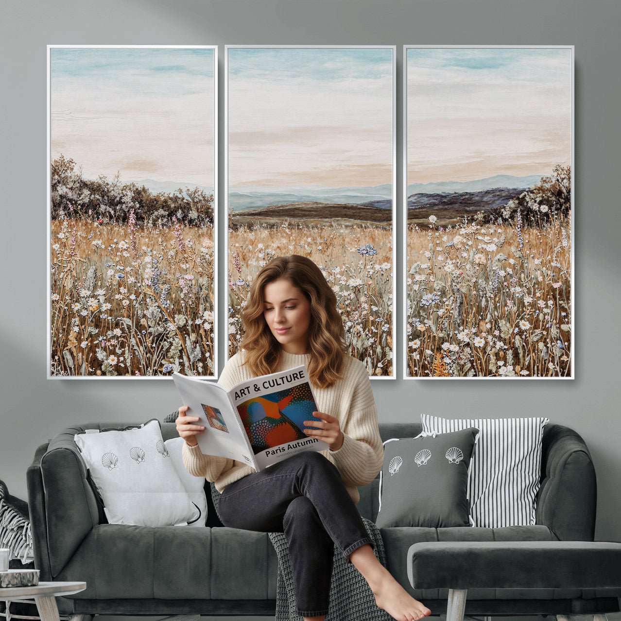F35773805-MGV-CV-36X24 - Neutral Wildflower Field Canvas Wall Art — Beige Earth Tone Botanical Meadow Print | Farmhouse Boho Decor | Bedroom Living Room Gift Her