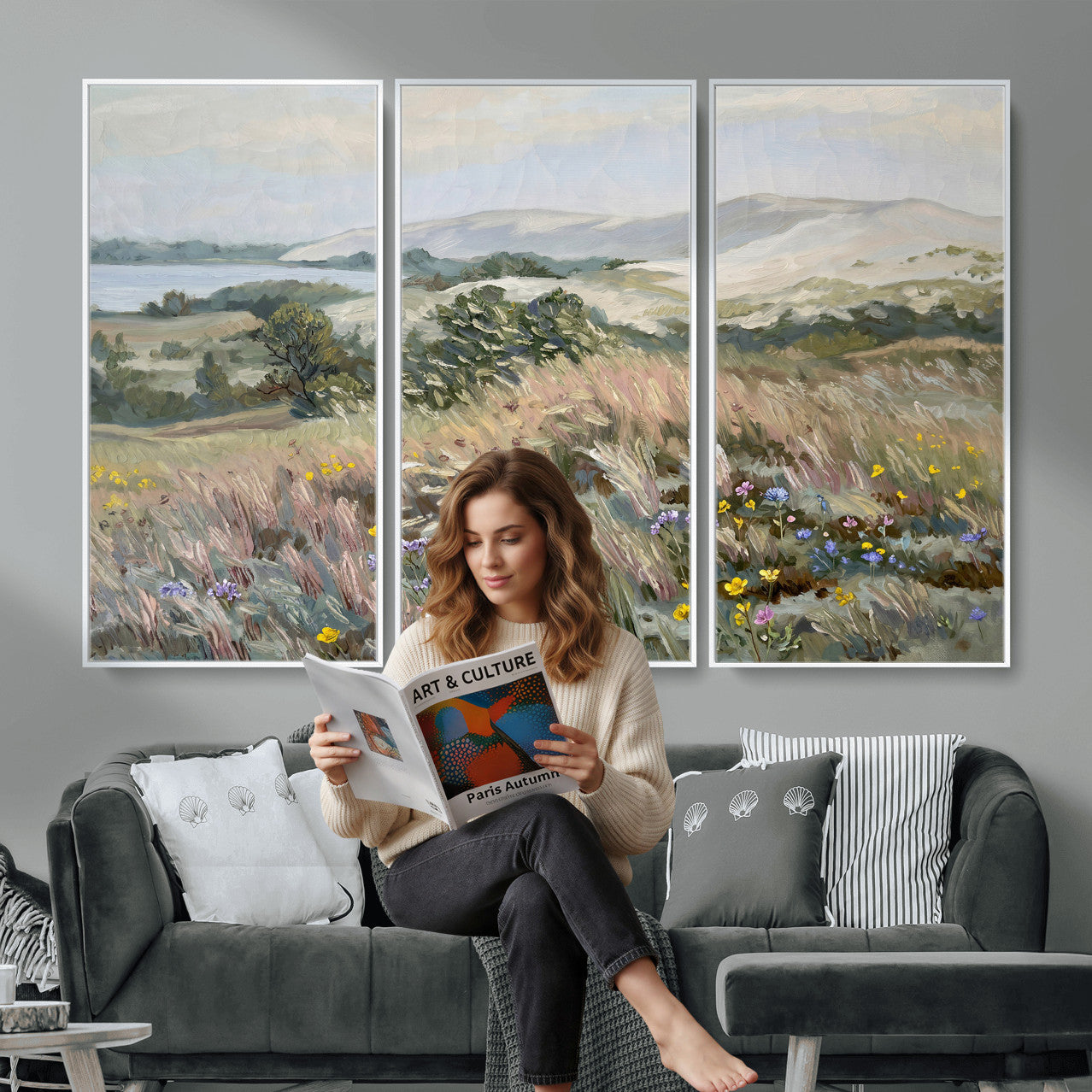 18013232-MGV-CV-36X24 - Katie Staples Hillside Canvas Wall Art — Coastal Wildflower Dune Oil Painting Print | Muted Green Nature Decor | Plein Air Landscape Gift