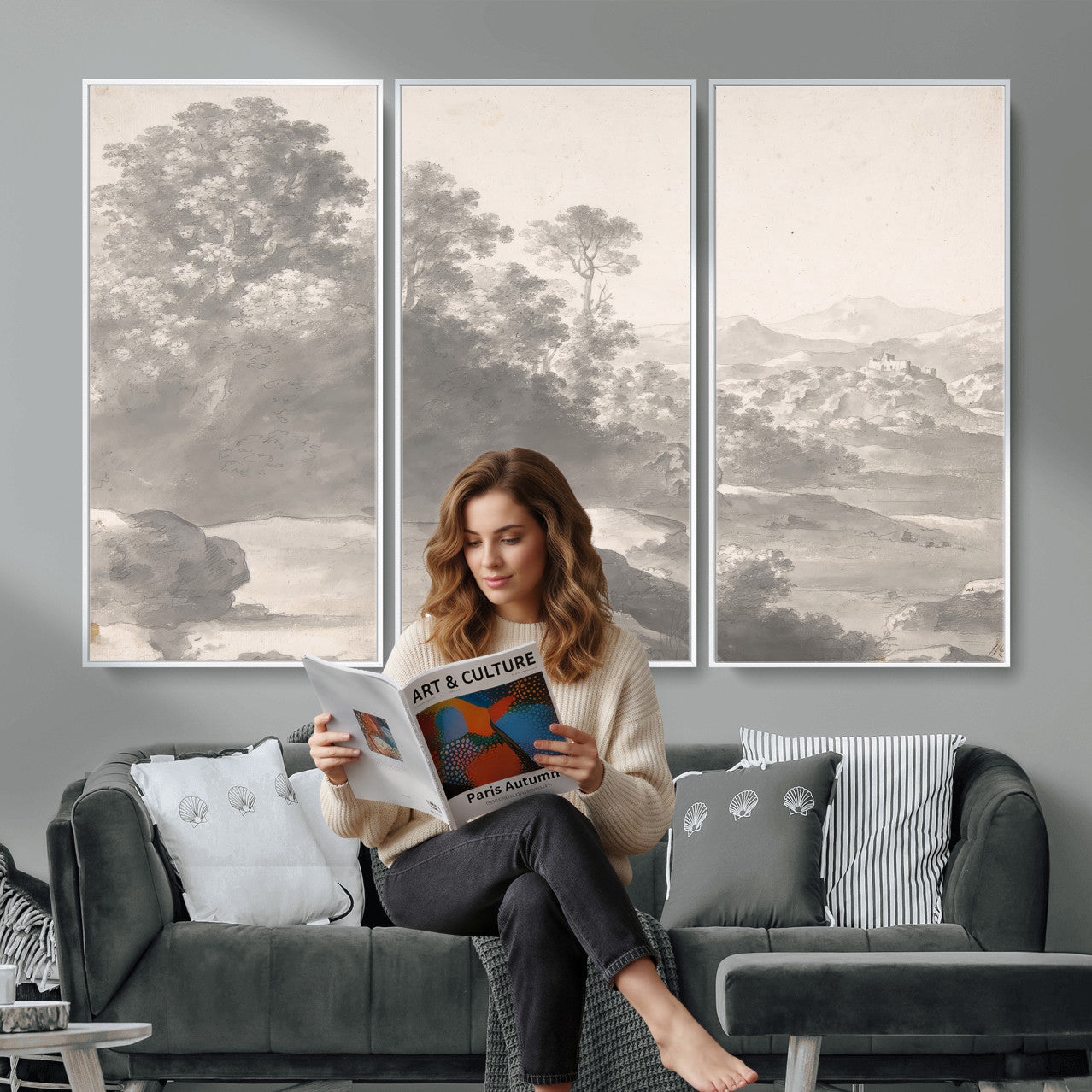 33041209-MGV-CV-36X24 - Van Poelenburch Landscape Canvas Wall Art — Dutch Golden Age Gray Wash Drawing Print | Baroque Italianate Nature Decor | Old Master Classic Gift