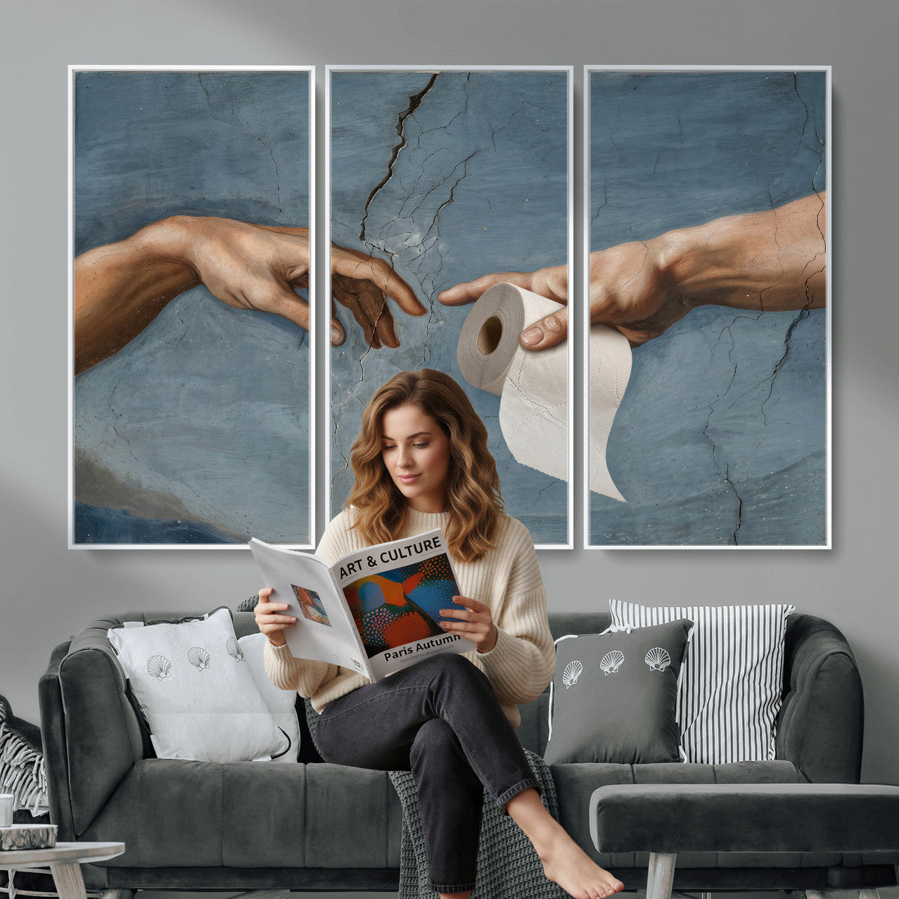 42648143-MGV-CV-36X24 - Funny Bathroom Canvas Wall Art, Michelangelo Creation of Adam Toilet Paper Parody, Renaissance Humor Print, Quirky Housewarming Gift, Toilet Room Decor