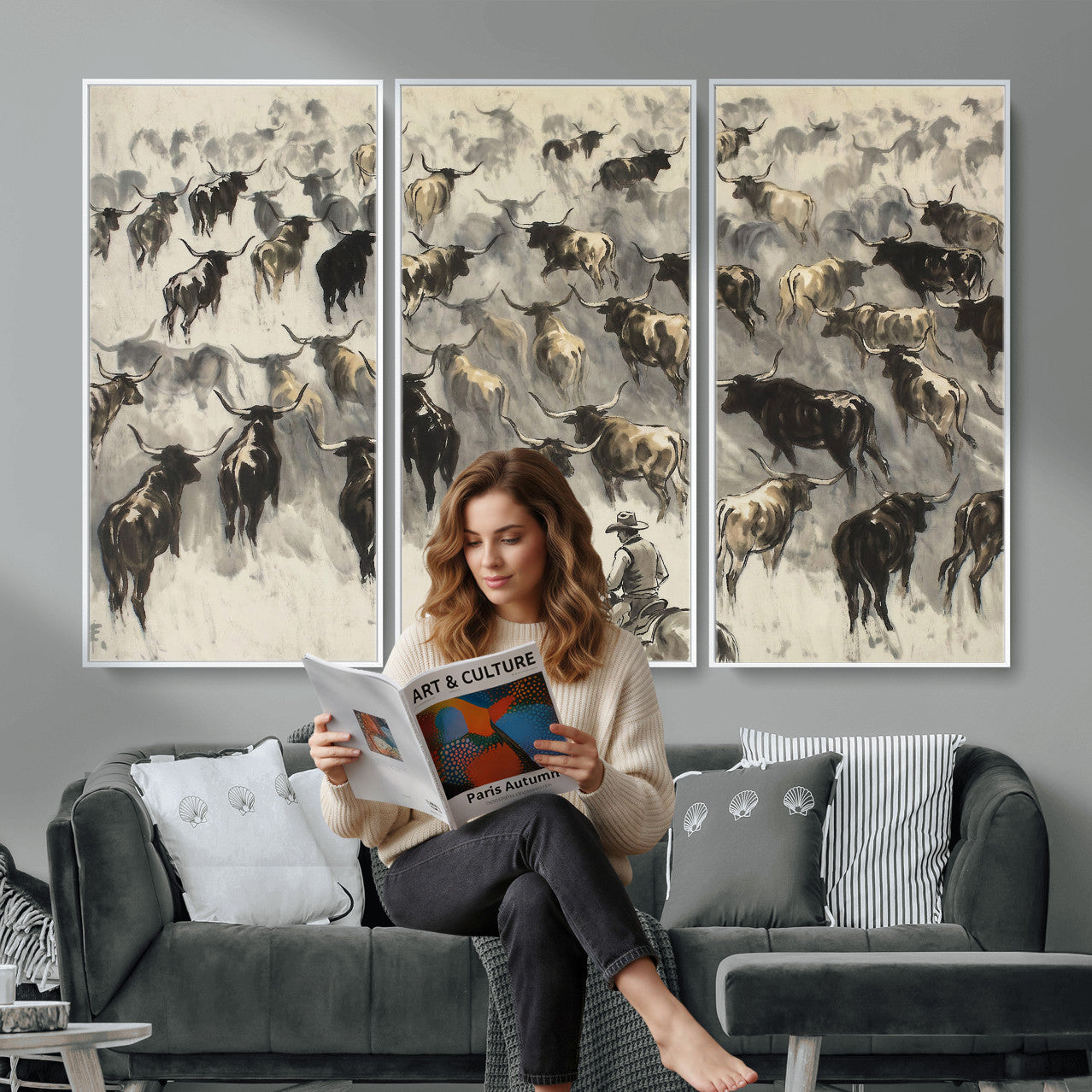 48049876-MGV-CV-36X24 - Cowboy Cattle Drive Canvas Wall Art, Western Longhorn Herd Ink Painting Print, Ranch Rodeo Decor, Black White Western Art, Large Living Room Art