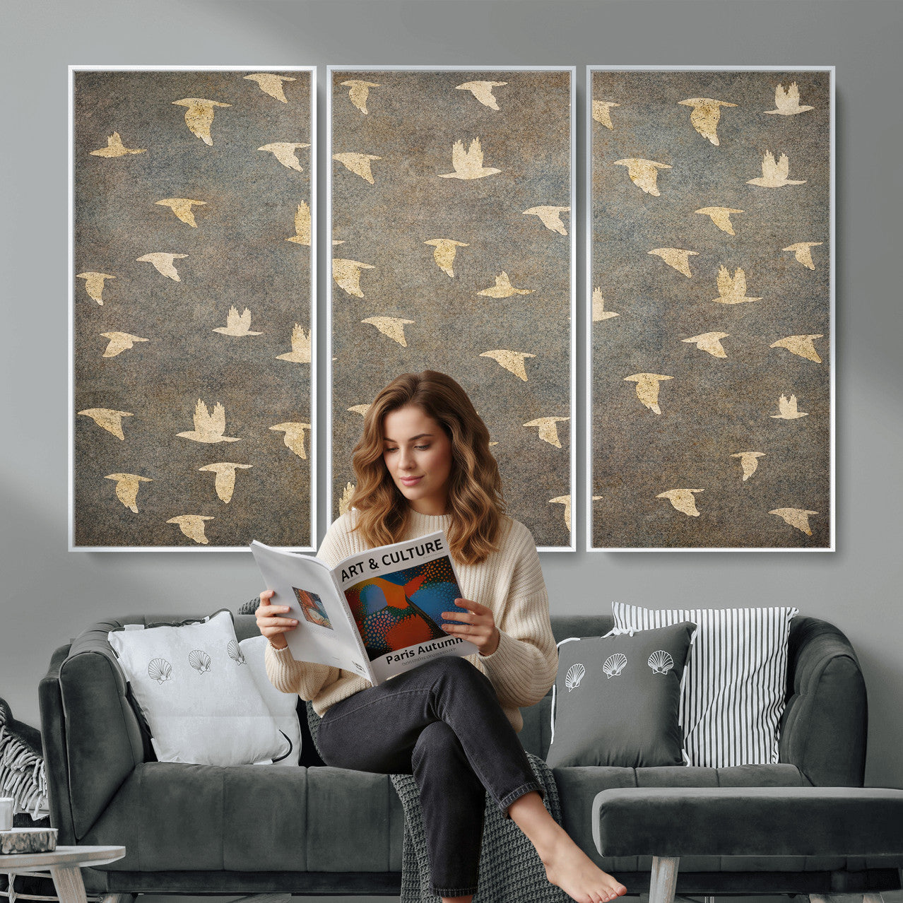 74076164-MGV-CV-36X24 - Flying Birds Canvas Wall Art, Vintage Bird Flock Pattern Print, Grey Gold Abstract Nature Decor, Rustic Bird Silhouette Art, Boho Living Room Decor