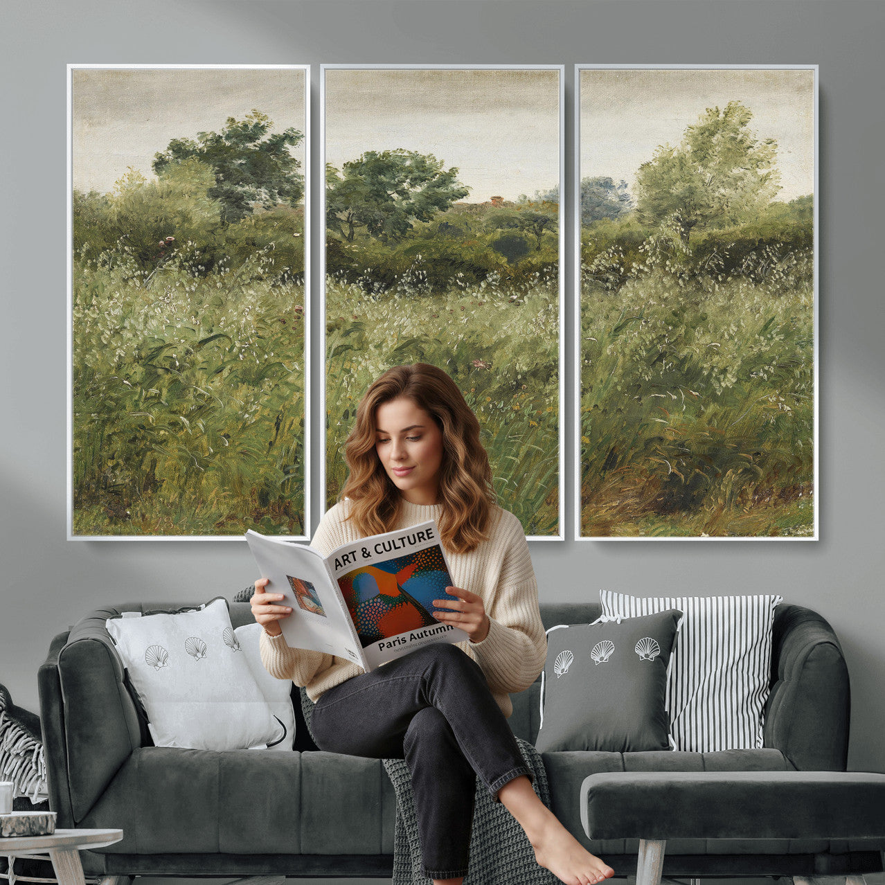 92328261-MGV-CV-36X24 - Wildflower Meadow Canvas Wall Art, Impressionist Overgrown Field Painting Print, Vintage Green Nature Decor, Cottagecore Botanical Art, Living Room Print