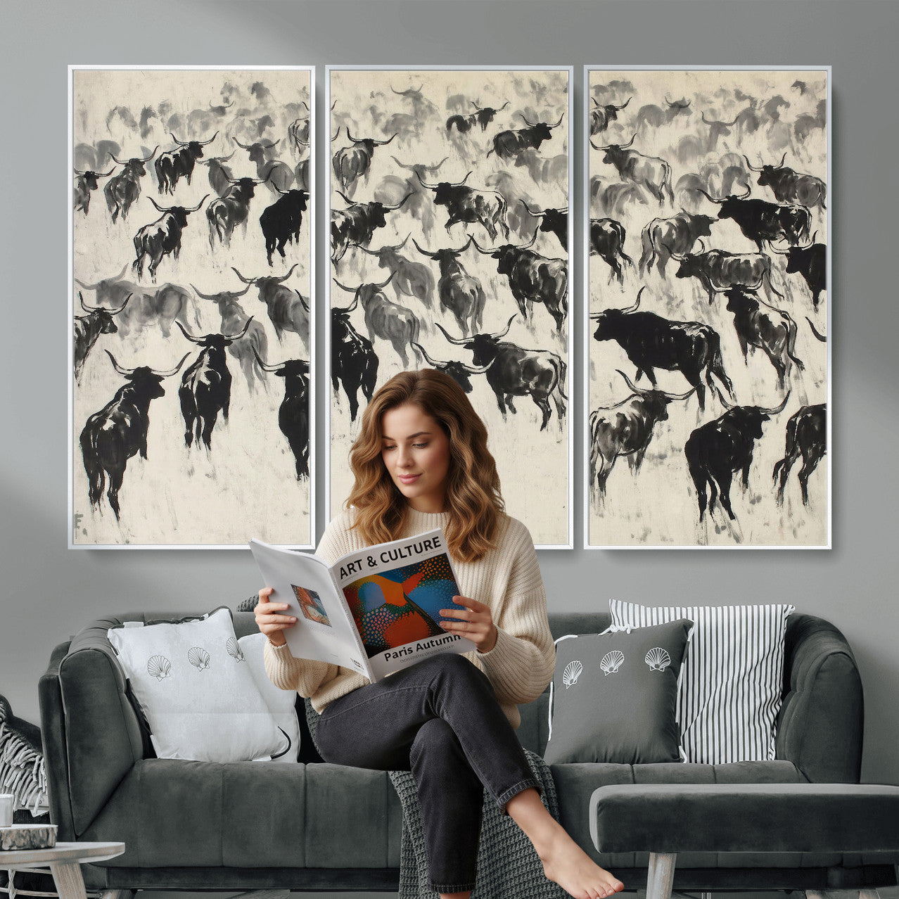 68669792-MGV-CV-36X24 - Longhorn Cattle Canvas Wall Art, Black White Stampede Ink Painting Print, Western Farmhouse Decor, Bull Herd Art, Large Living Room Wall Art, Ranch Home Decor