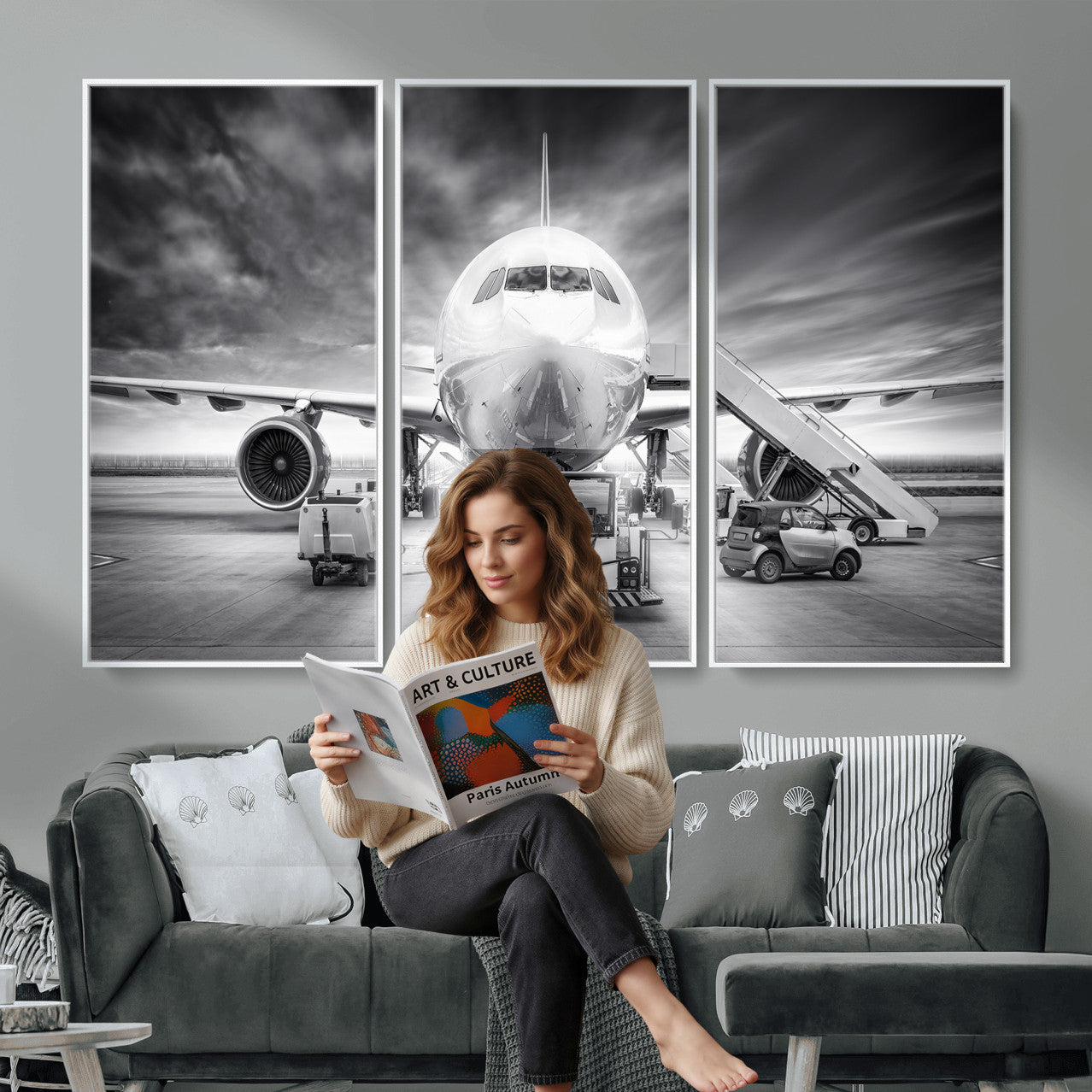 85885848-MGV-CV-36X24 - Airplane Wall Art Canvas Print, Black and White Jet Aircraft Airport Runway Framed Aviation Artwork for Pilot Office Hangar Travel Decor