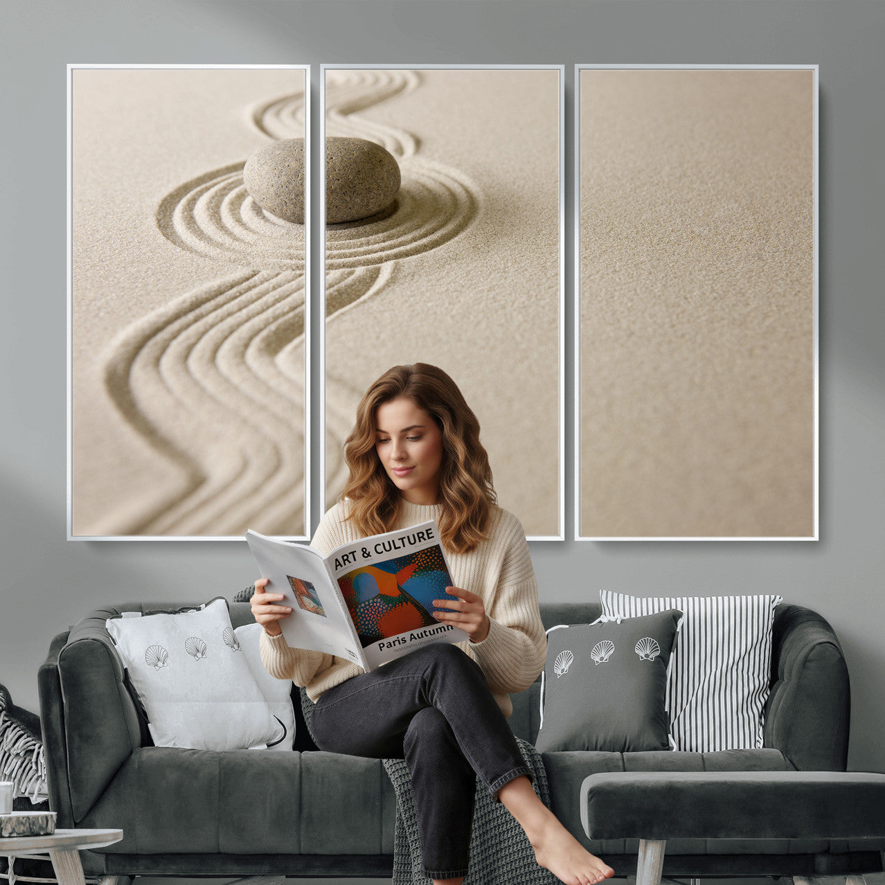 66852661-MGV-CV-36X24 - Zen Garden Stone Sand Canvas | Japanese Rock Garden Wall Art | Minimalist Meditation Print | Neutral Beige Mindfulness Decor