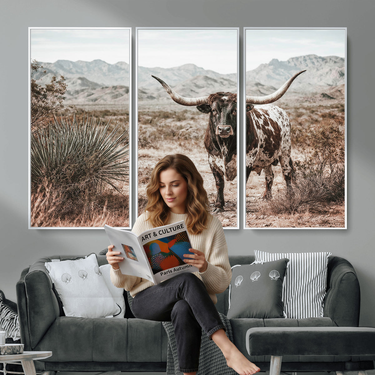 17622011H-MGV-CV-36X24 - Texas Longhorn Bull Wall Art Canvas Print, Western Farmhouse Cowboy Decor, Rustic Texas Ranch Cattle Artwork for Living Room Bedroom Office, Framed Wall Decor