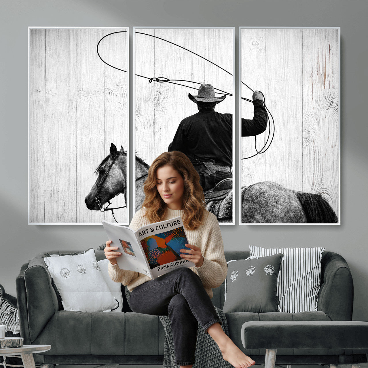 22569358-MGV-CV-36X24 - Cowboy Lasso Canvas Wall Art, Black White Western Horse Photo Print, Rustic Ranch Rodeo Decor, Farmhouse Western Art, Cowboy Gift for Him