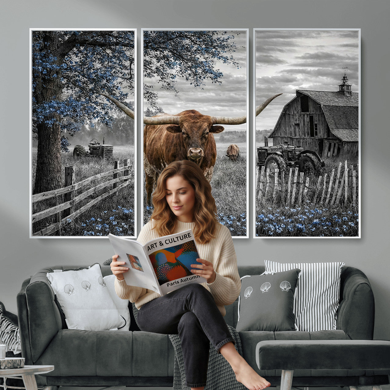 19366343-MGV-CV-36X24 - Texas Longhorn Canvas Wall Art, Rustic Farm Barn Bluebonnet Photography Print, Farmhouse Country Decor, Western Ranch Art, Old Truck Tractor Print