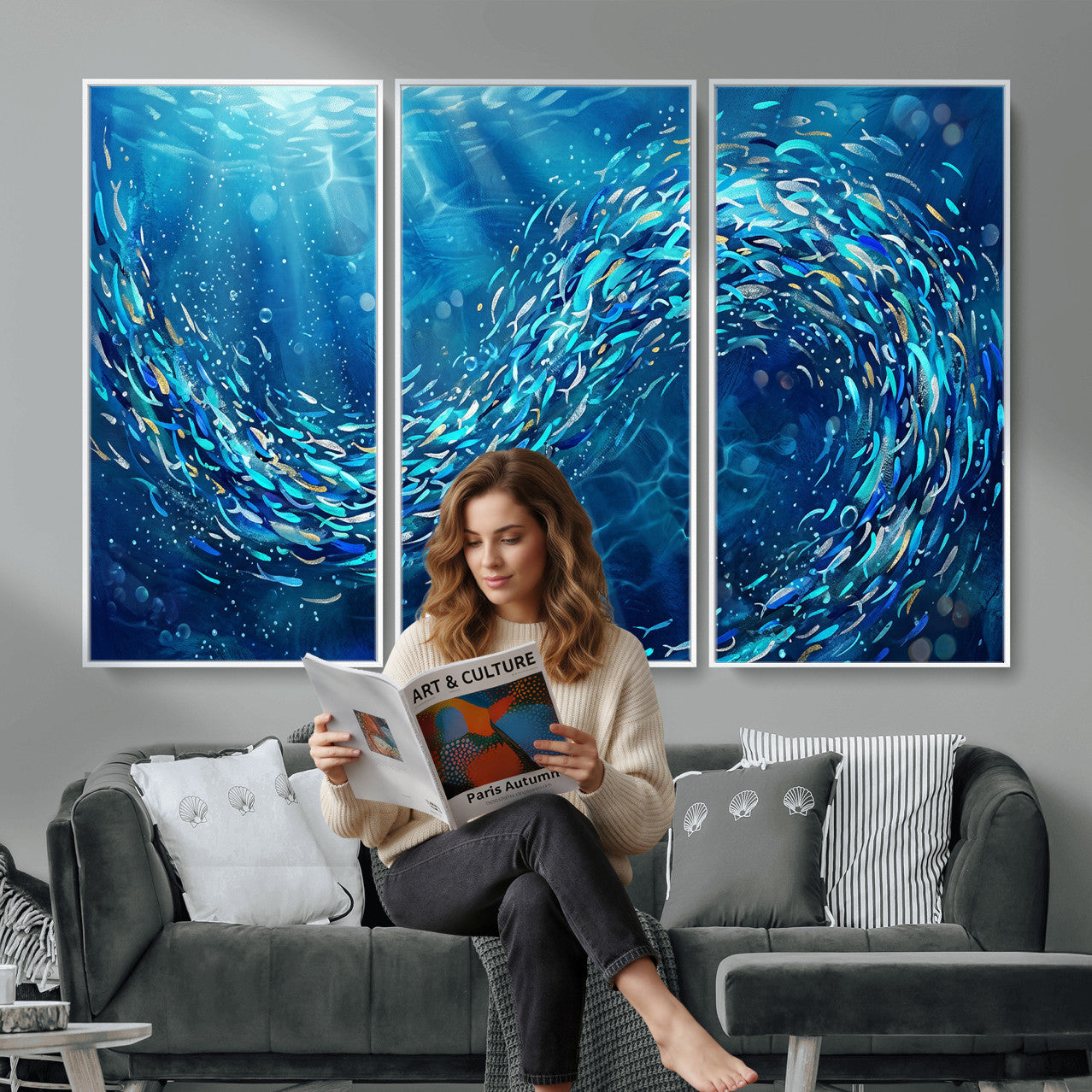 54535639-MGV-CV-36X24 - School of Fish Canvas Print | Blue Ocean Underwater Wall Art | Swirling Fish Shoal Illustration | Marine Navy Coastal Decor