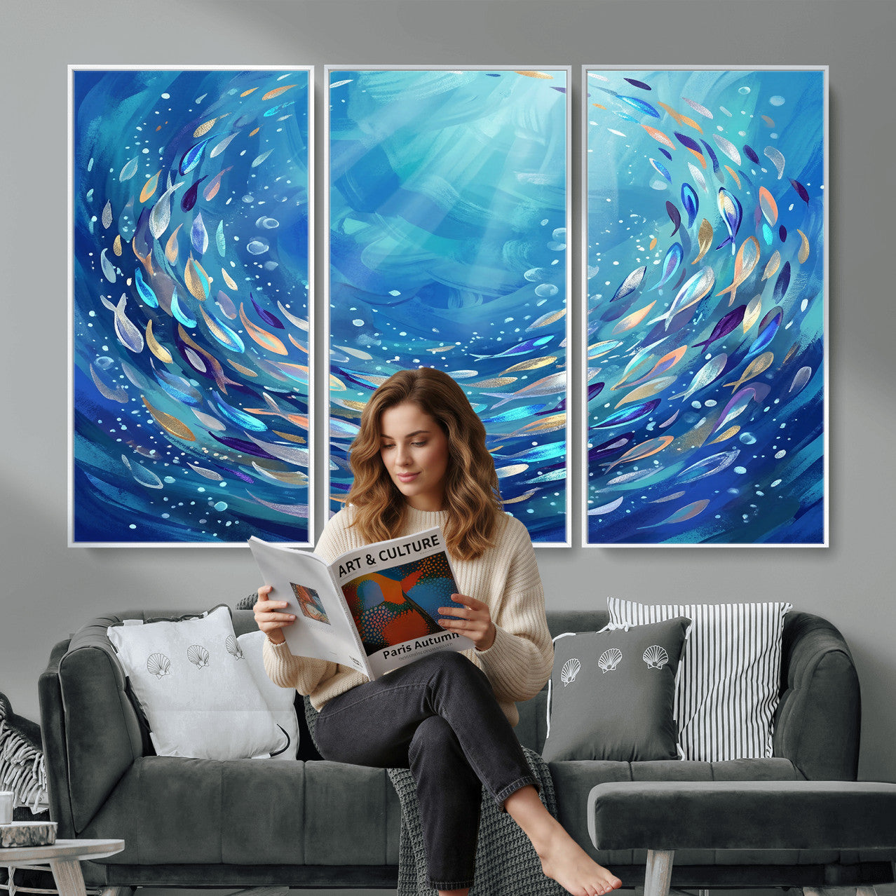78699899-MGV-CV-36X24 - School of Fish Canvas Print | Blue Ocean Underwater Wall Art | Swirling Fish Shoal Illustration | Marine Navy Coastal Decor
