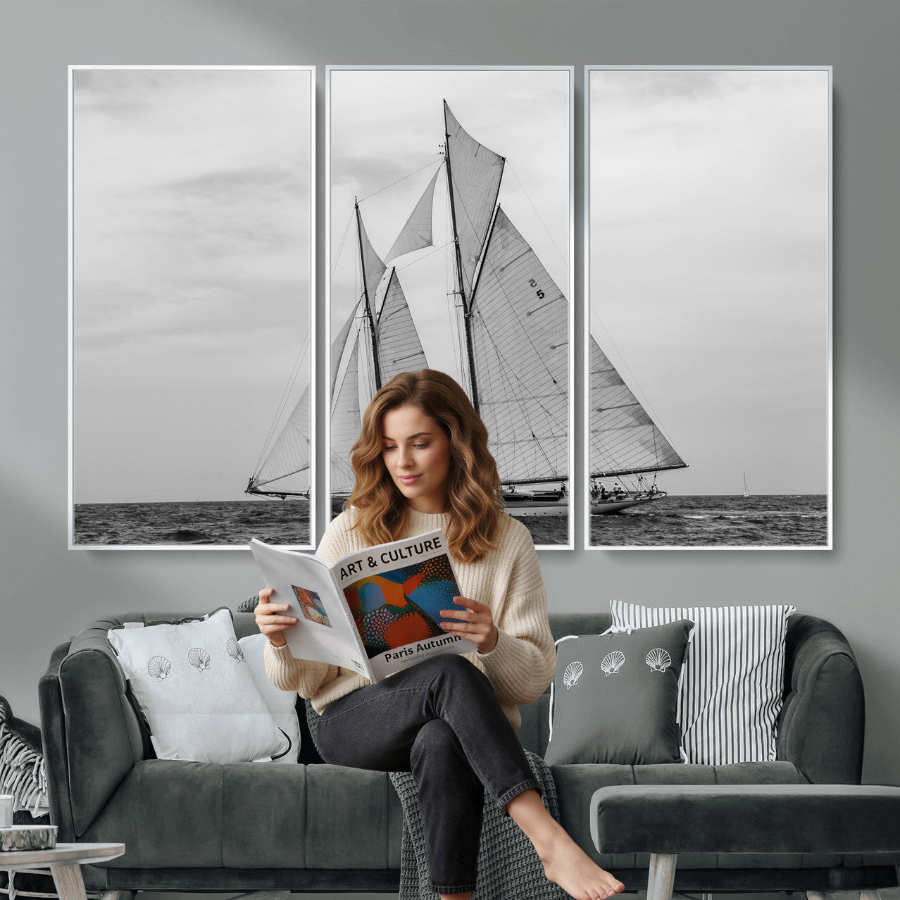 52882918-MGV-CV-36X24 - Vintage Sailboat Wall Art Canvas Print, Black and White Schooner Framed Artwork, Nautical Ocean Sailing Decor for Living Room Office Beach House