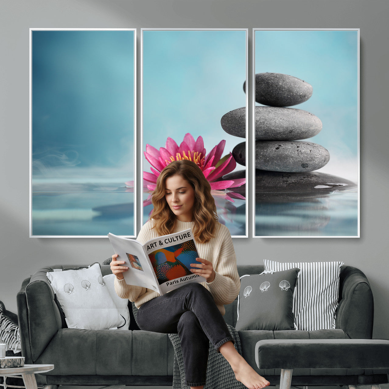 84293154-MGV-CV-36X24 - Zen Canvas Wall Art Lotus Flower Stacked Stones Teal Spa Meditation Relaxation Framed Large for Bathroom Bedroom Living Room Office Decor