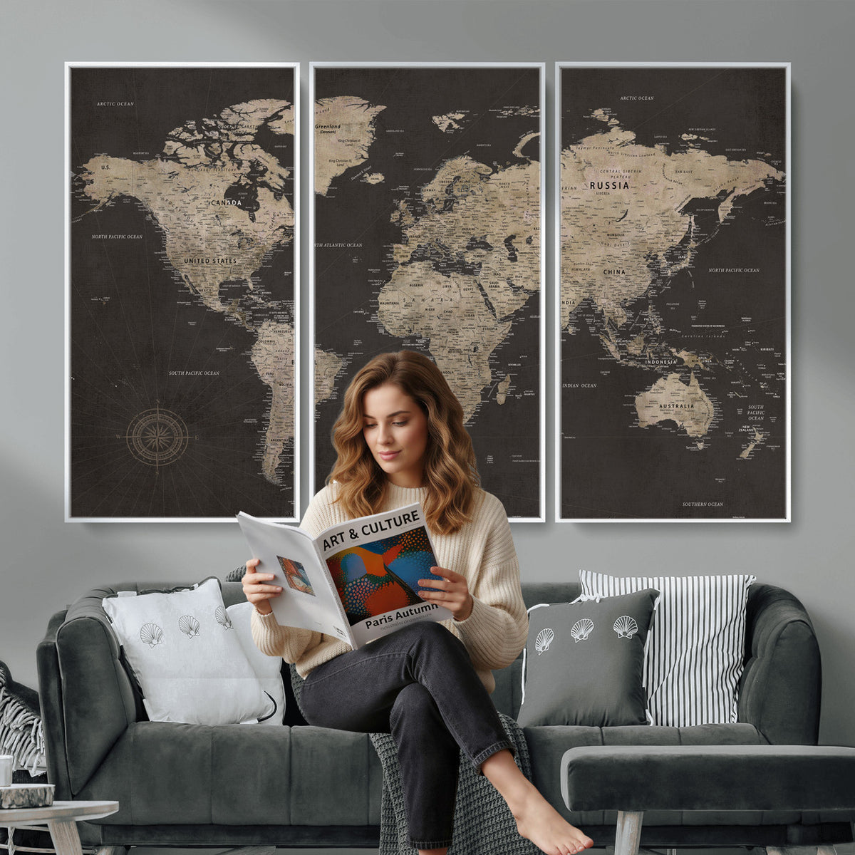 56556018136-MGV-CV-36X24 - World Map Canvas Wall Art, Dark Charcoal and Antique Tan Detailed Map