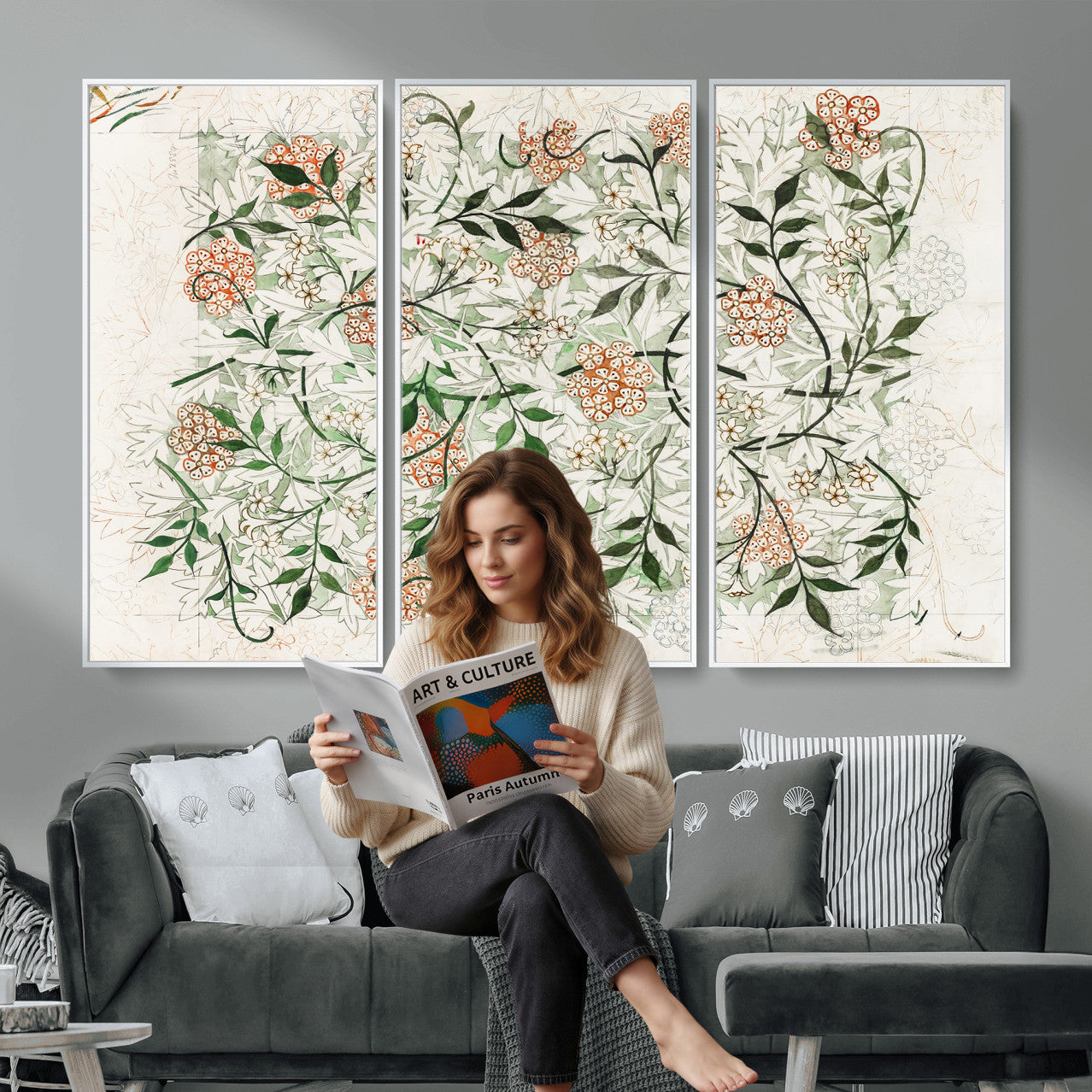 17622011W-MGV-CV-36X24 - William Morris Jasmine Flower Wall Art Canvas Print, Botanical Floral Canvas Print, Vintage Cottagecore Wall Decor, Framed Nature Artwork Ready to Hang
