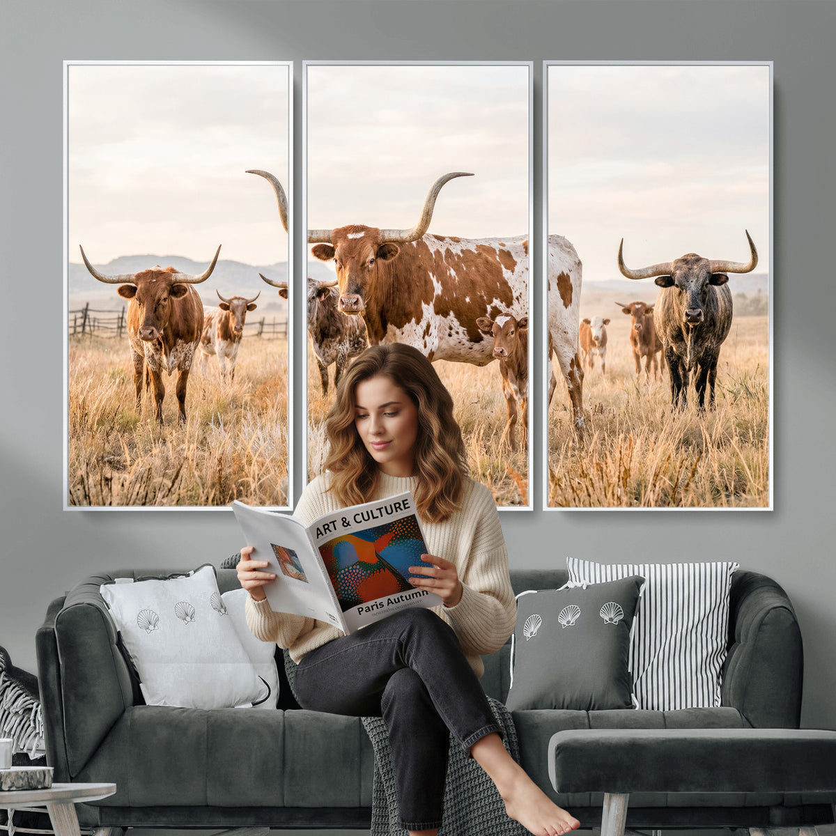 62336425AC-MGV-CV-36X24 - Texas Longhorn Canvas Wall Art, Rustic Farm Animal Photography Print, Farmhouse Country Decor, Western Ranch Art