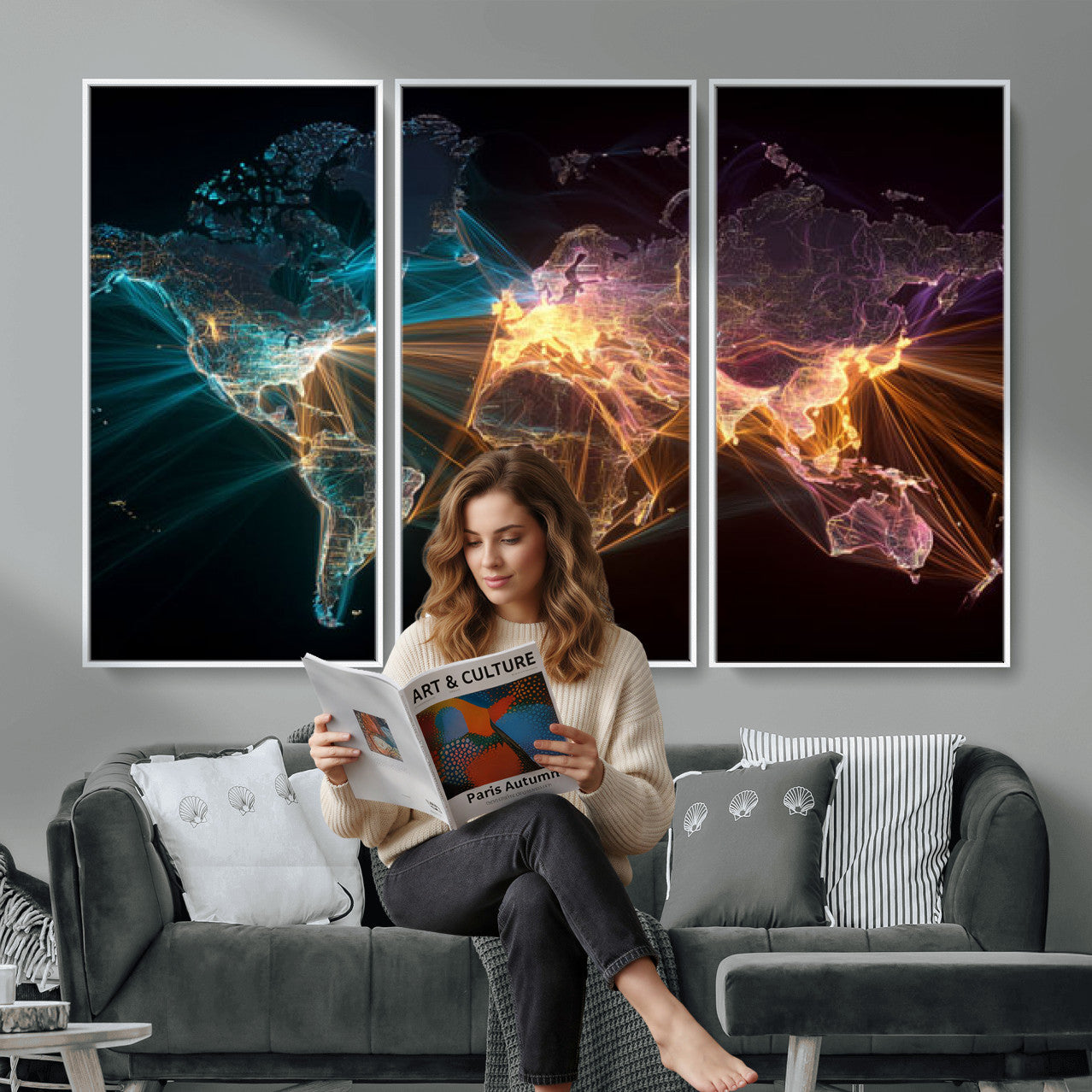 14891737-MGV-CV-36X24 - World Map and Global Flight Routes Map Canvas Wall Art, Worldwide Aviation Network Print, International Air Travel Wall Decor