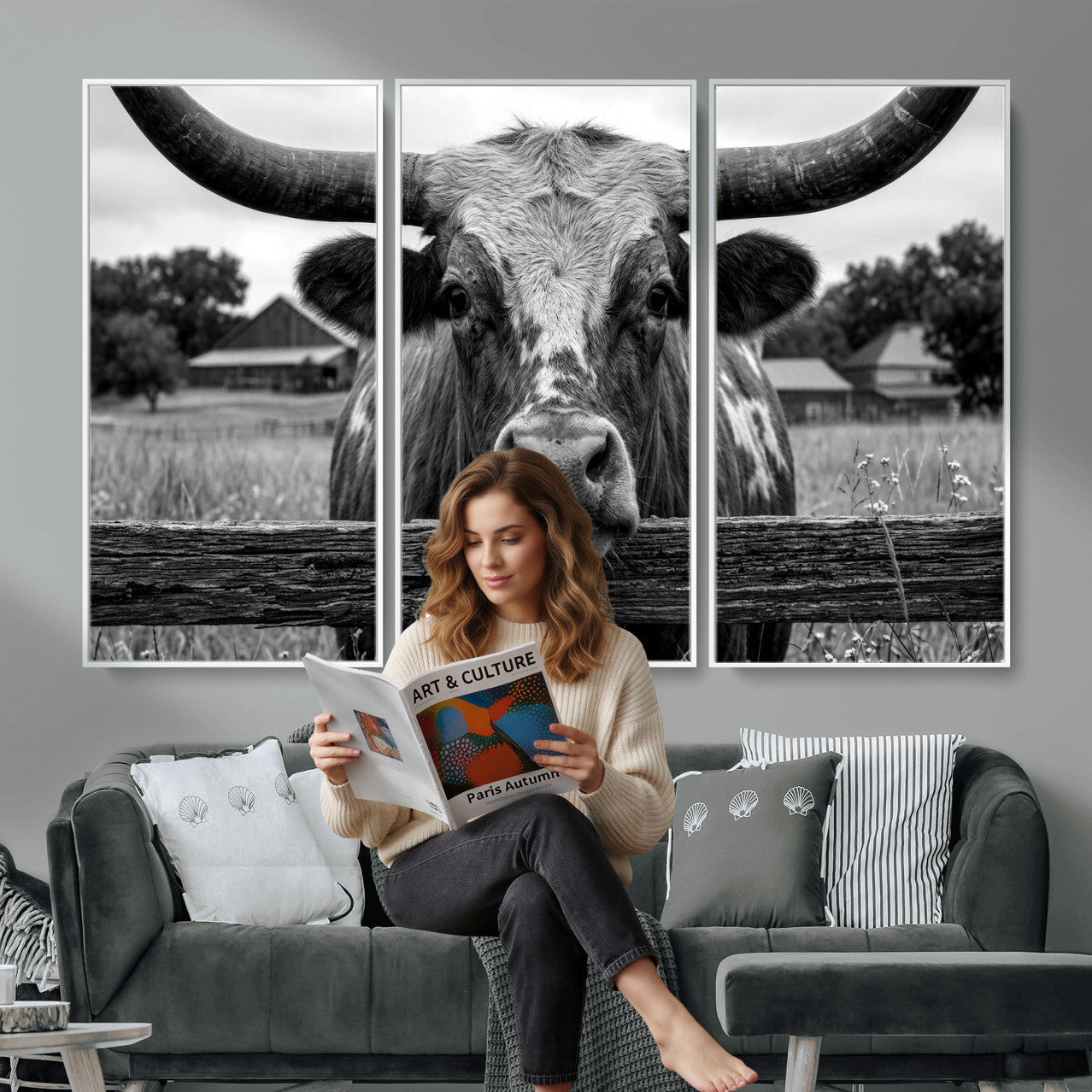 59378683B-MGV-CV-36X24 - Black White Texas Longhorn Bull Canvas Wall Art, Western Ranch Cattle Photography Print, Rustic Farmhouse Cowboy Decor Artwork