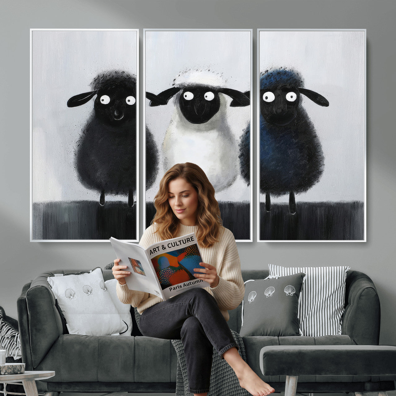 45650028-MGV-CV-36X24 - Funny Sheep Canvas Wall Art, Three Quirky Sheep Painting Print, Cute Animal Nursery Decor, Black White Navy Farmhouse Art, Kids Room Gift
