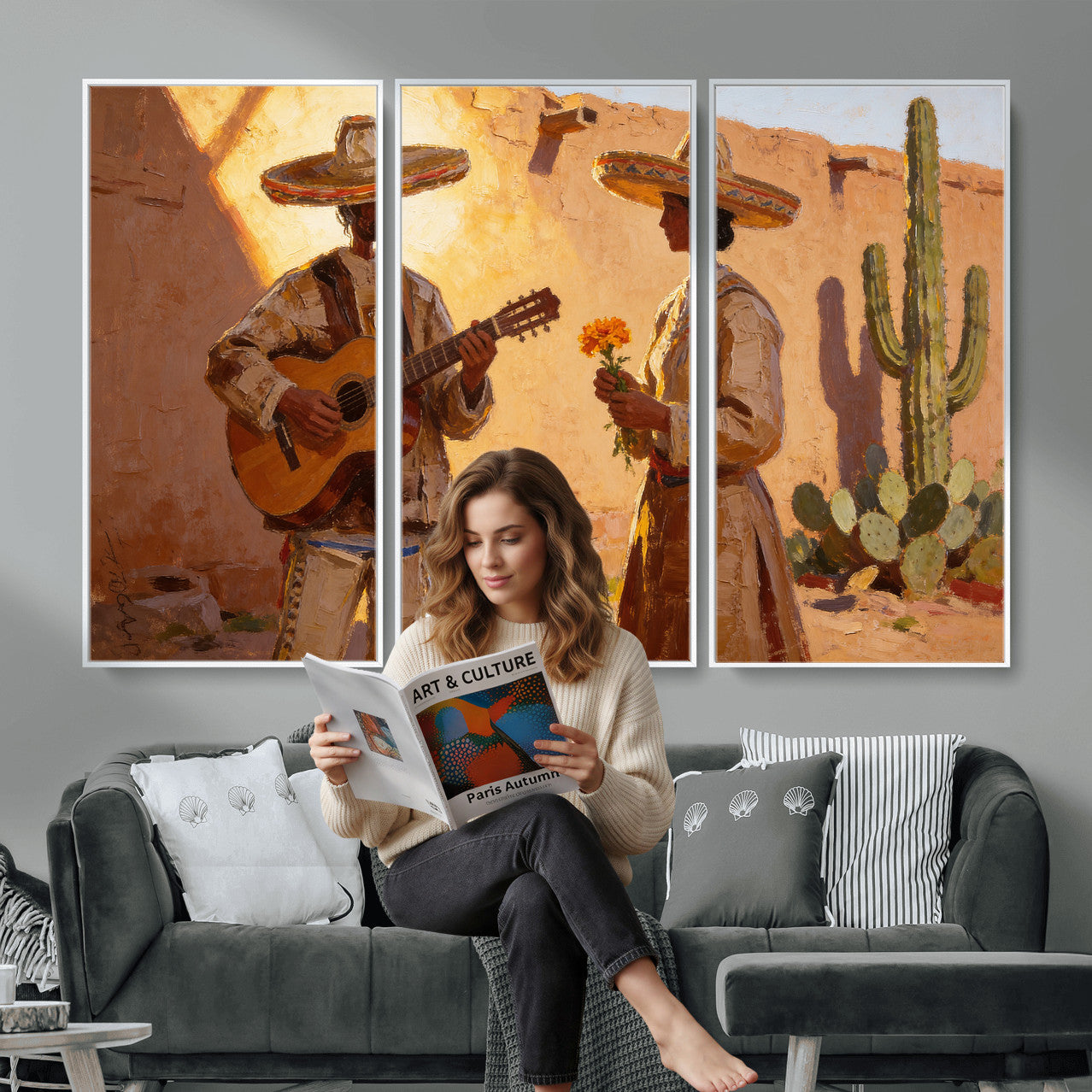 41849005-MGV-CV-36X24 - Mexican Couple Canvas Wall Art, Romantic Serenade Guitar Painting Print, Southwestern Desert Adobe Decor, Warm Golden Folk Art, Living Room Art
