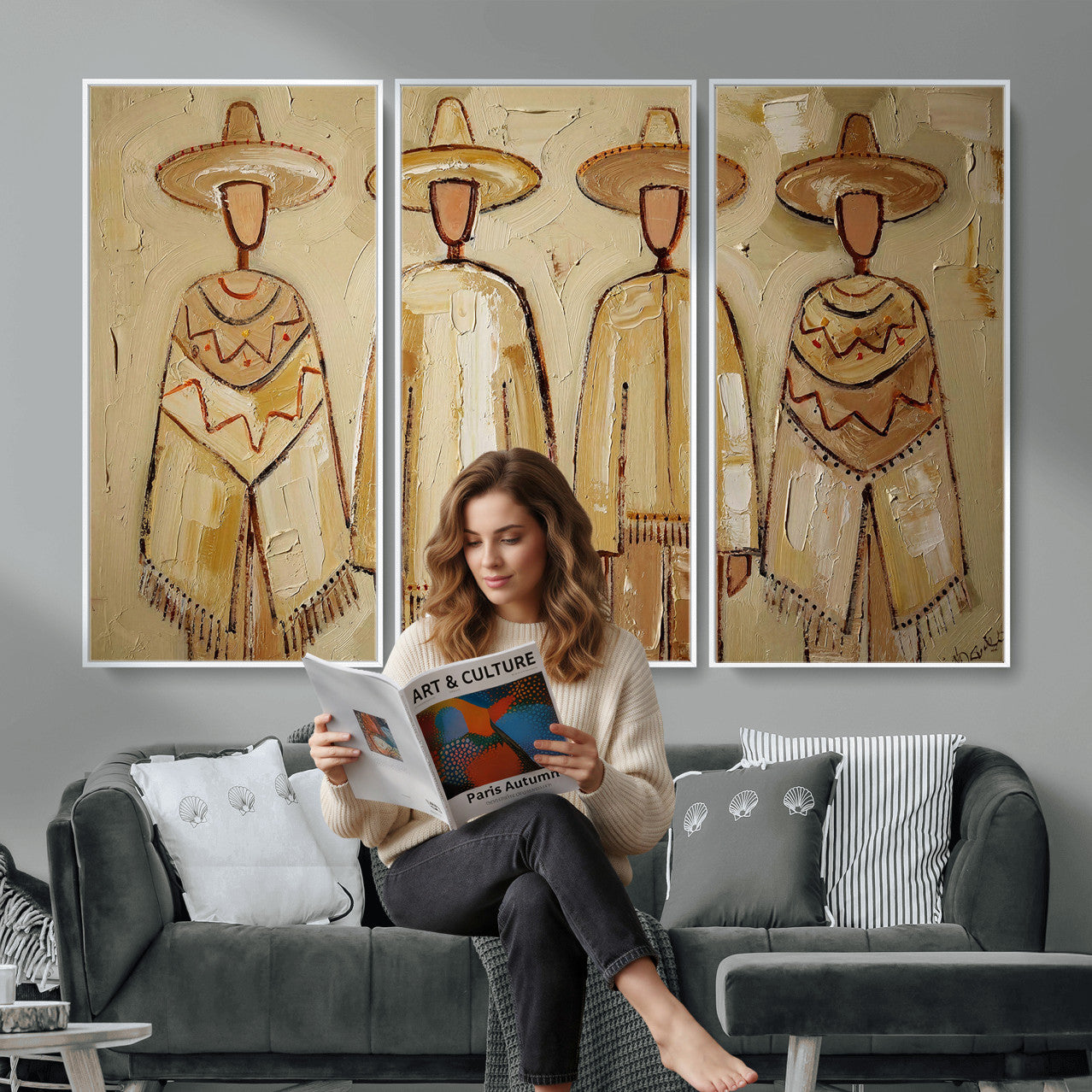 46071653-MGV-CV-36X24 - Mexican Folk Art Canvas Wall Art, Charro Poncho Sombrero Painting Print, Neutral Beige Boho Decor, Southwestern Impasto Style, Living Room Art