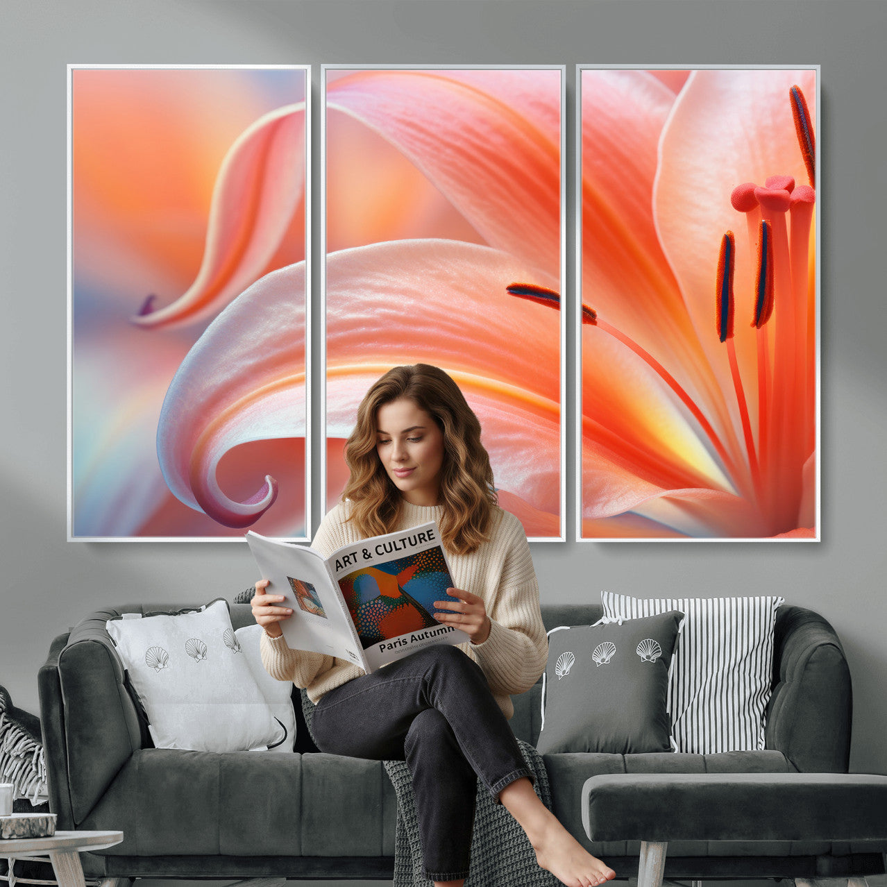 69566231-MGV-CV-36X24 - Peach Lily Canvas Wall Art, Coral Pink Flower Macro Photo Print, Botanical Bedroom Decor, Soft Floral Photography, Living Room Wall Art