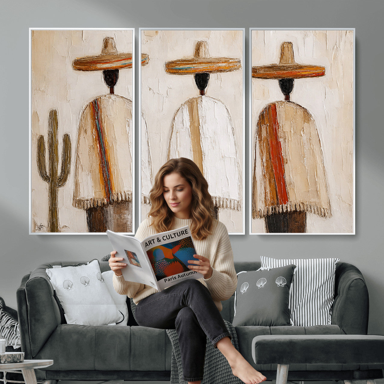 72884785-MGV-CV-36X24 - Mexican Folk Art Canvas Wall Art, Southwestern Sombrero Poncho Painting, Neutral Earthy Boho Decor, Fiesta Living Room Art, Impasto Style Print