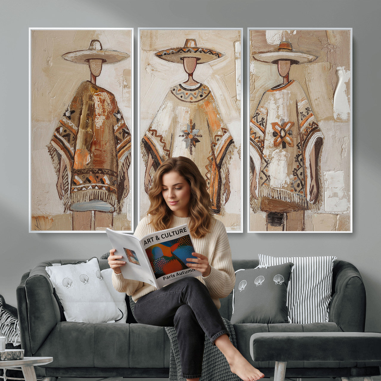 85373290-MGV-CV-36X24 - Mexican Folk Art Canvas Wall Art, Charro Poncho Sombrero Painting Print, Neutral Beige Boho Decor, Southwestern Impasto Style, Living Room Art