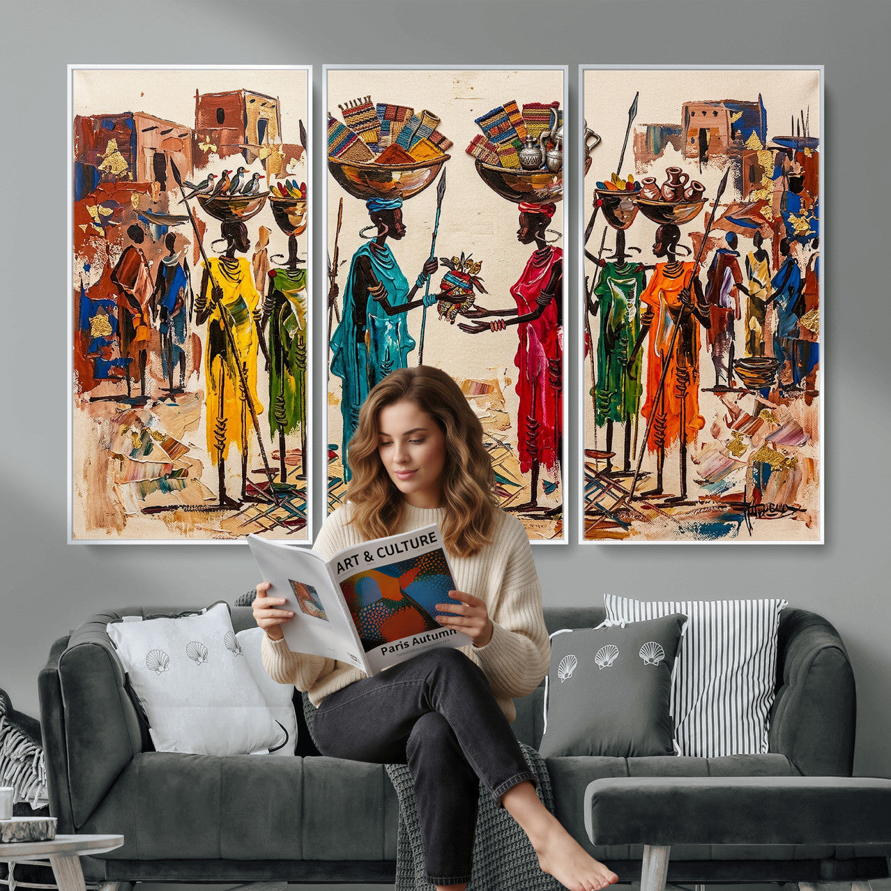 54818657-MGV-CV-36X24 - African Folk Art Canvas Wall Art, Colorful African Women Village Painting Print, Tribal Ethnic Home Decor, Vibrant African Art, Living Room
