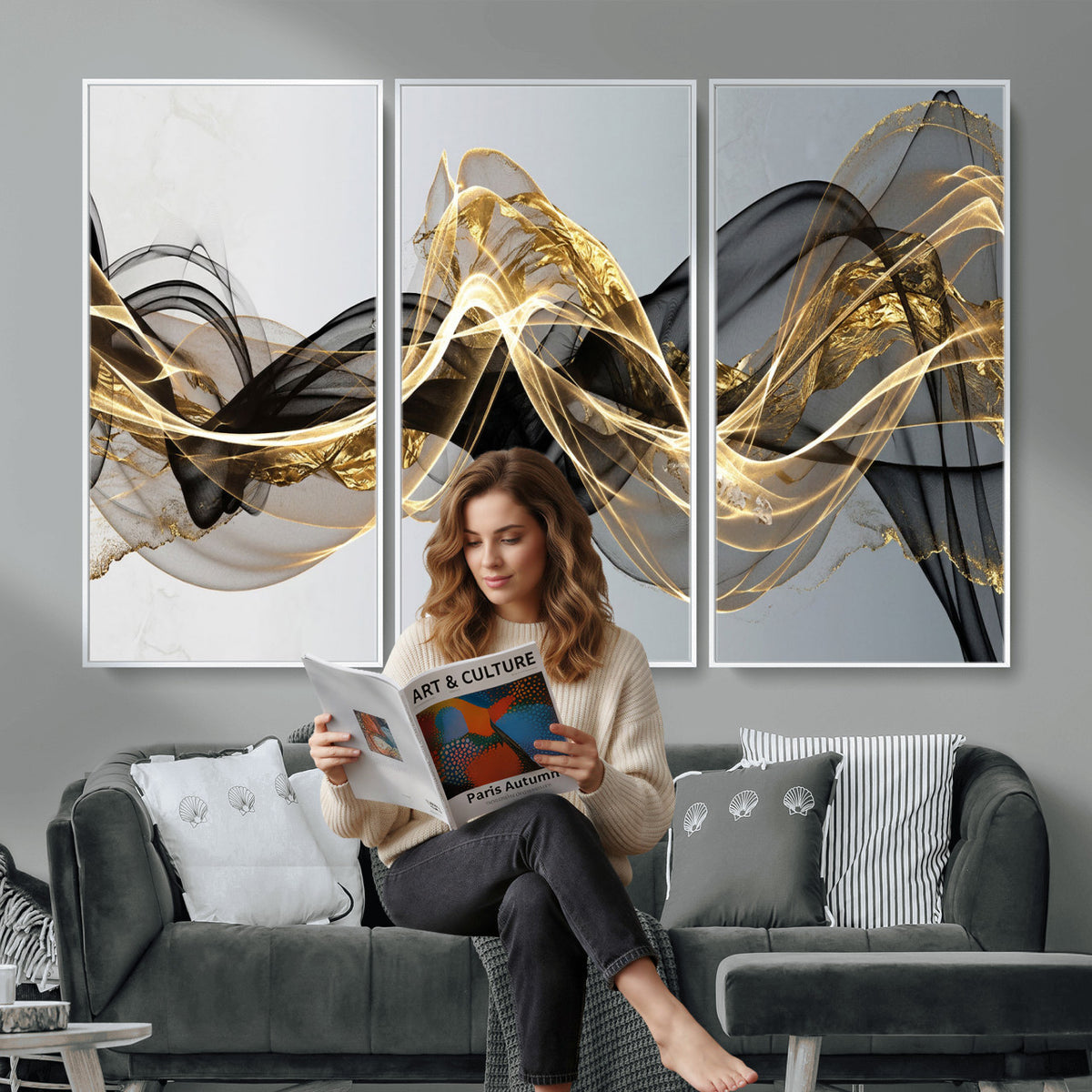 79483321DL-MGV-CV-36X24 - Black and Gold Abstract Wall Art, Modern Wave Canvas Print, Elegant Flowing Smoke Art, Luxury Living Room Decor