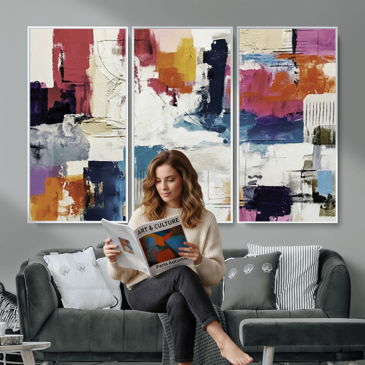 57864023-MGV-CV-36X24 - Blue Teal Abstract Canvas Wall Art, Modern Textured Painting Print, Navy Orange White Contemporary Art, Neutral Living Room Decor, Office Art