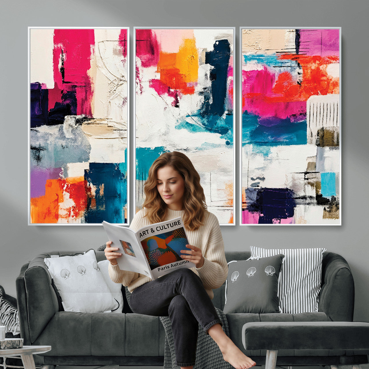 57864023-MGV-CV-36X24 - Blue Teal Abstract Canvas Wall Art | Modern Textured Painting Print, Navy Orange White Contemporary Art, Neutral Living Room Decor, Office Art