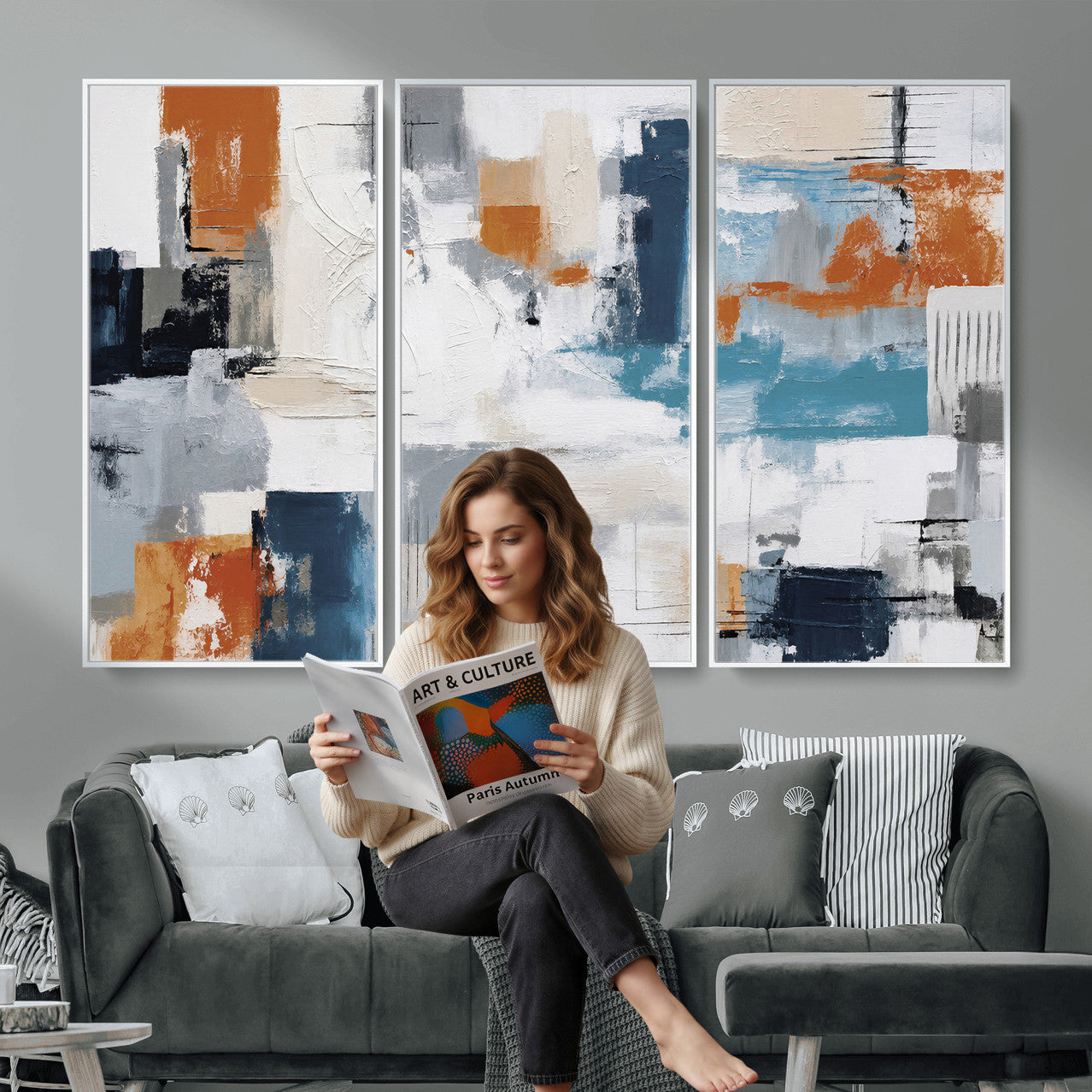 44950303-MGV-CV-36X24 - Blue Teal Abstract Canvas Wall Art, Modern Textured Painting Print, Navy Orange White Contemporary Art, Neutral Living Room Decor, Office Art