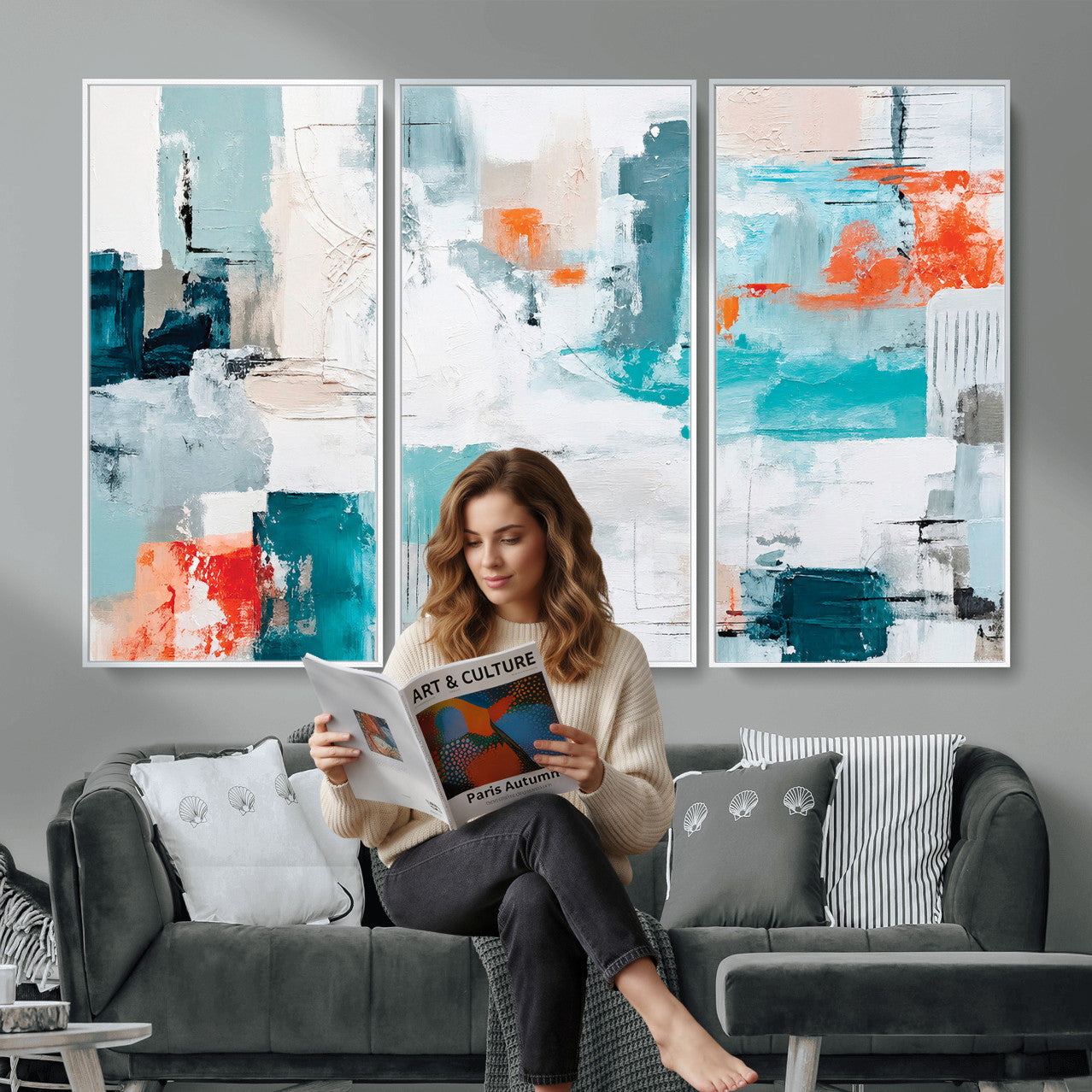 98638479-MGV-CV-36X24 - Blue Teal Abstract Canvas Wall Art | Modern Textured Painting Print, Navy Orange White Contemporary Art, Neutral Living Room Decor, Office Art