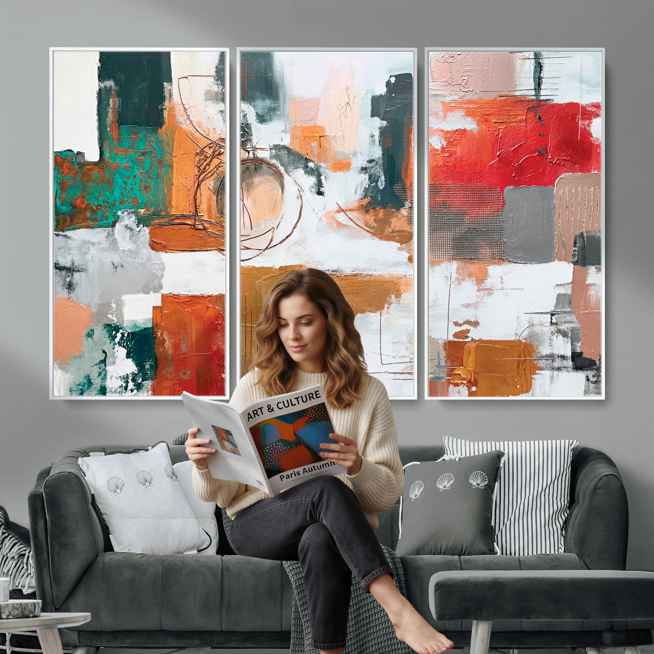 50720312-MGV-CV-36X24 - Blue Teal Abstract Canvas Wall Art | Modern Textured Painting Print, Navy Orange White Contemporary Art, Neutral Living Room Decor, Office Art.