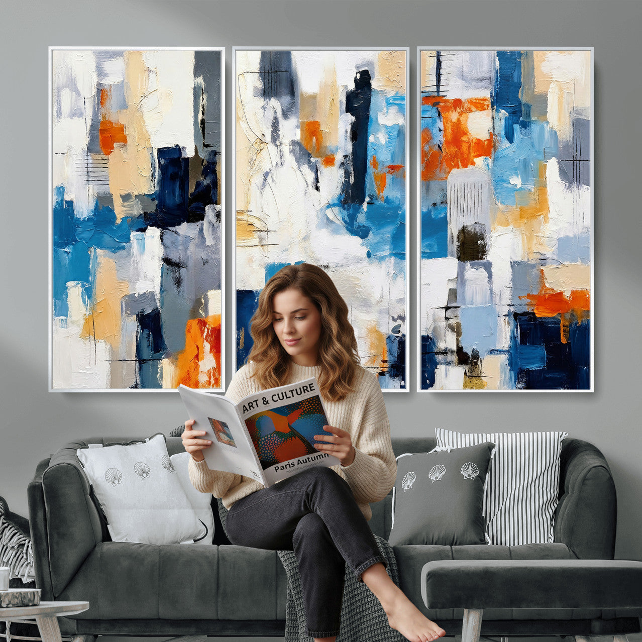 83915061-MGV-CV-36X24 - Blue Teal Abstract Canvas Wall Art, Modern Textured Painting Print, Navy Orange White Contemporary Art, Neutral Living Room Decor, Office Art