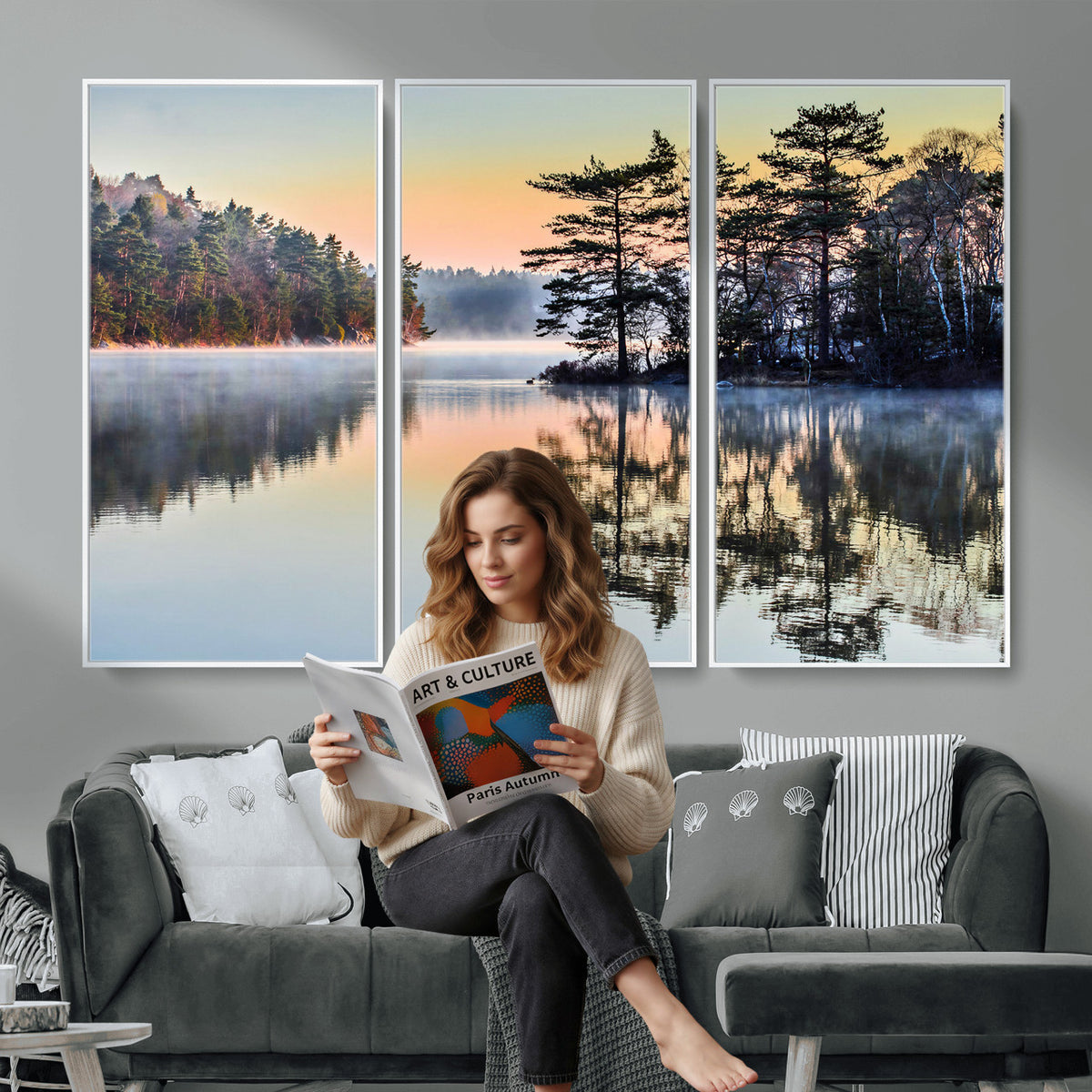 34236027-MGV-CV-36X24 - Before People Wake Canvas Wall Art Print, Misty Lake Sunrise Landscape, Forest Reflection Nature Decor, Ready to Hang