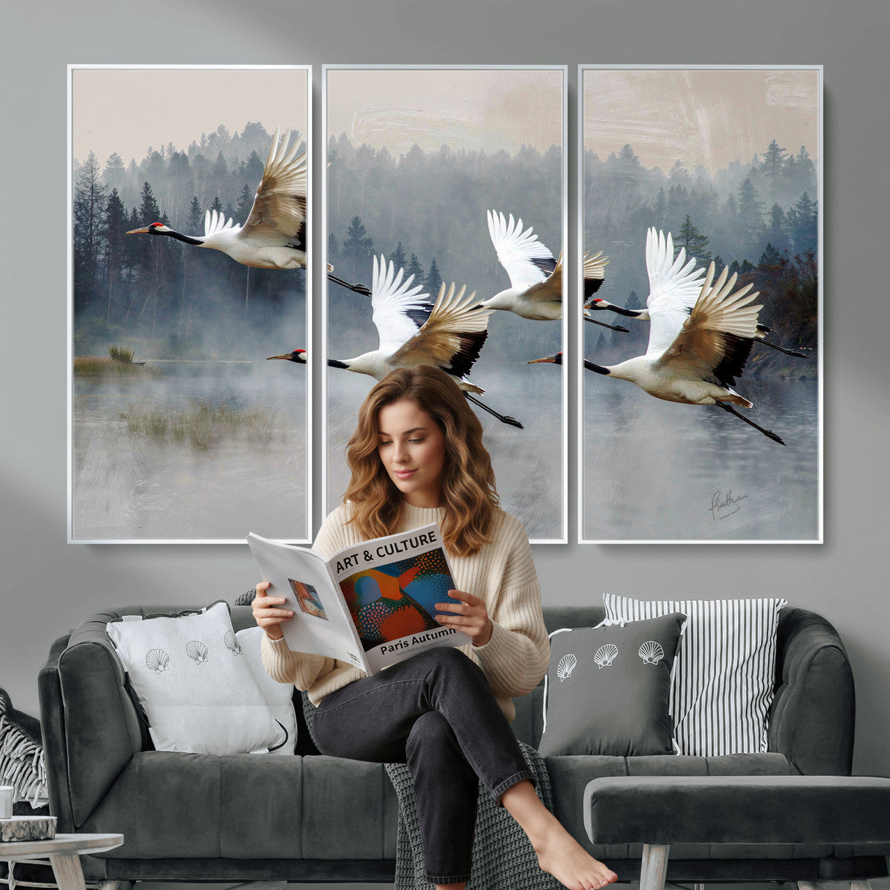 24356826-MGV-CV-36X24 - Flying Crane Canvas Wall Art Print, White Crane Bird Artwork, Wildlife Nature Decor, Lake Landscape Canvas - Ready to Hang