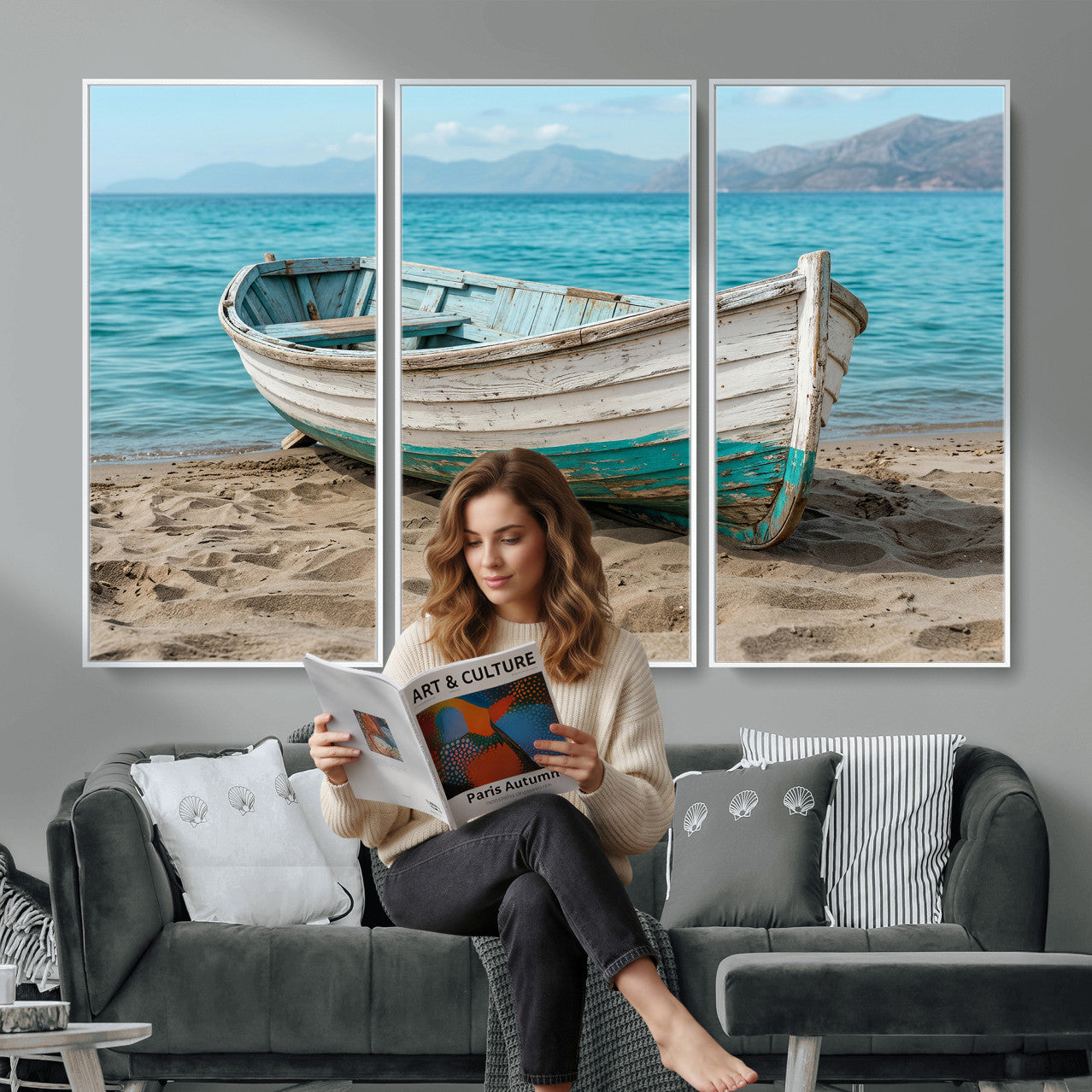 49963709-MGV-CV-36X24 - Coastal Boat Canvas Wall Art Print, Beach Boat Painting, Nautical Ocean Decor, Seascape Wall Art - Ready to Hang