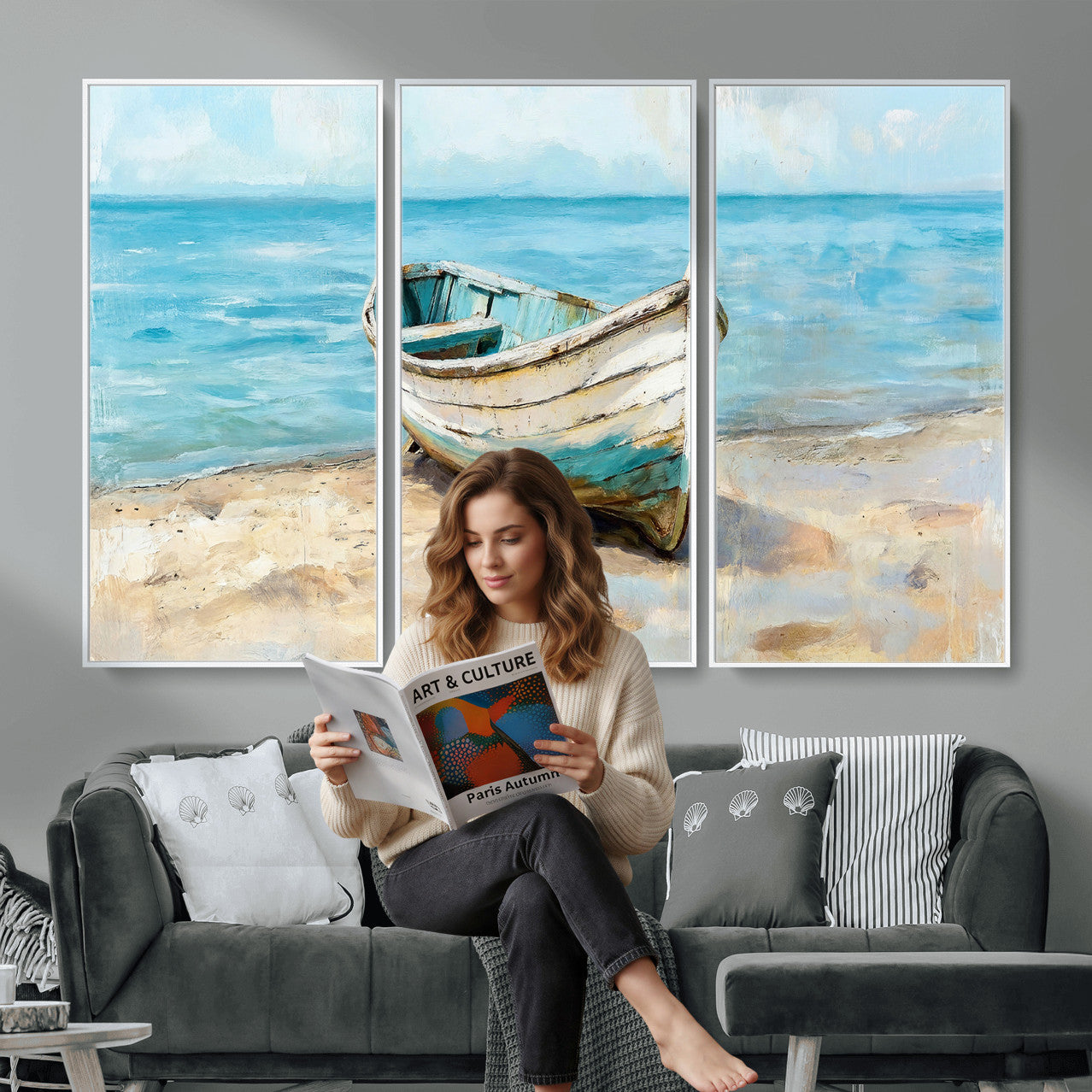 14780565-MGV-CV-36X24 - Coastal Boat Canvas Wall Art Print, Beach Boat Painting, Nautical Ocean Decor, Seascape Wall Art, Ready to Hang