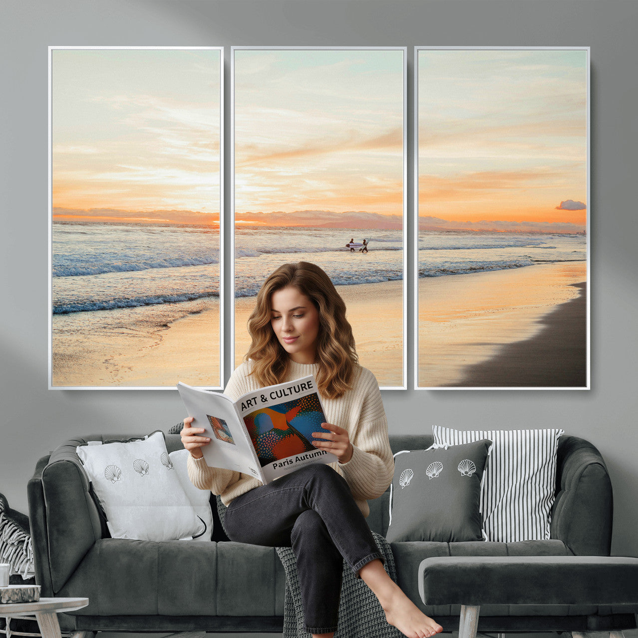 38131619-MGV-CV-36X24 - Beach Sunset Canvas Wall Art Print | Ocean Waves Landscape, Coastal Photography, Seascape Wall Decor, Ready to Hang